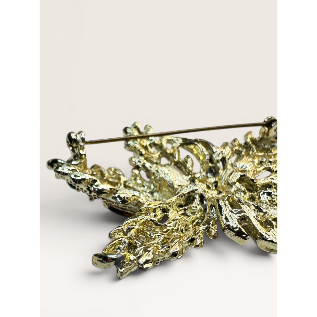 1950s Green Blue Crystal Gold Tone Abstract Foliage Brooch Vintage