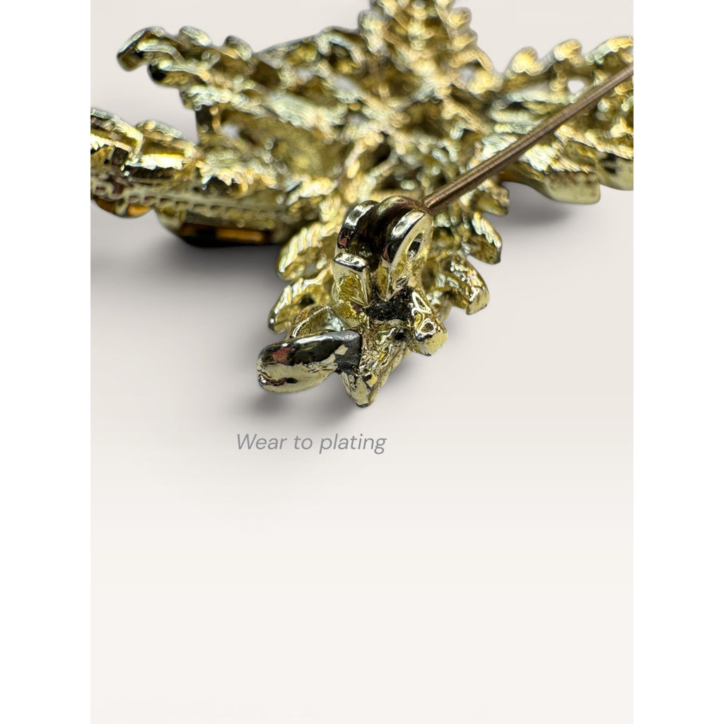 1950s Green Blue Crystal Gold Tone Abstract Foliage Brooch Vintage