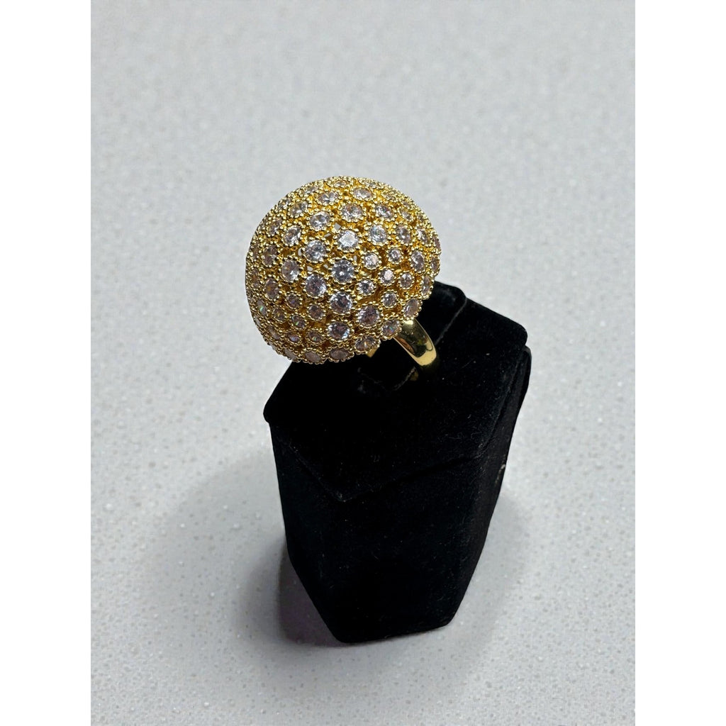 Gold Tone Dome Cocktail Ring Clear Crystal Pave Statement Ring Size 9.5