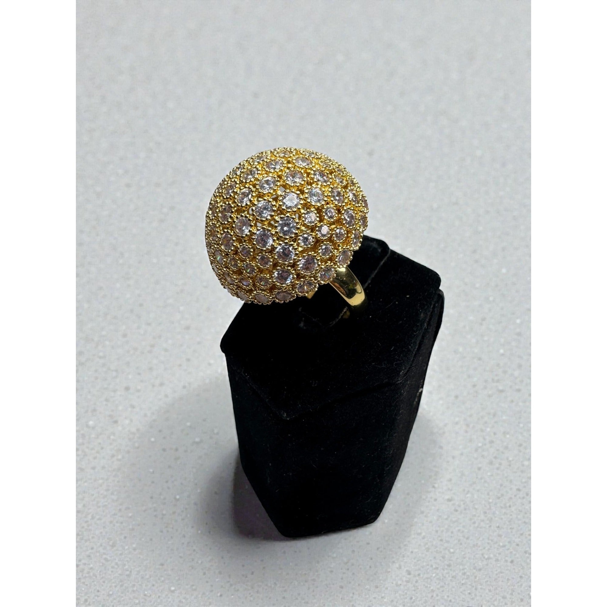 Gold Tone Dome Cocktail Ring Clear Crystal Pave Statement Ring Size 9.5