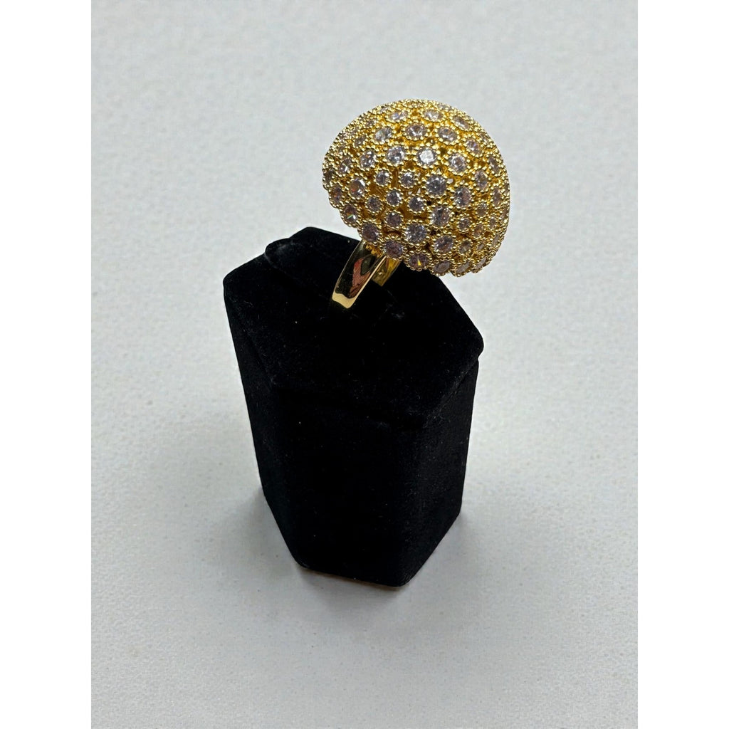 Gold Tone Dome Cocktail Ring Clear Crystal Pave Statement Ring Size 9.5