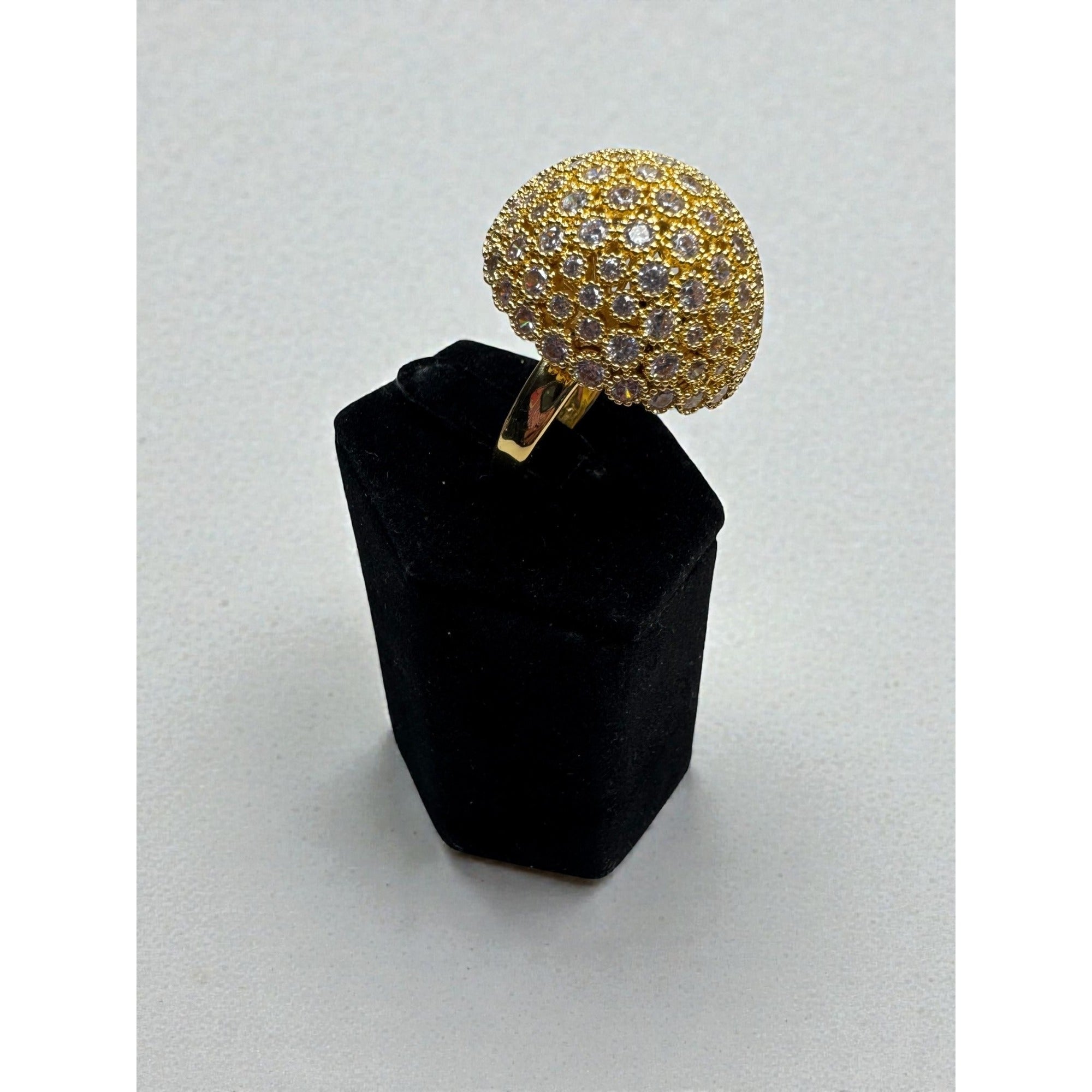 Gold Tone Dome Cocktail Ring Clear Crystal Pave Statement Ring Size 9.5