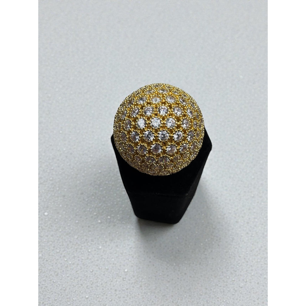 Gold Tone Dome Cocktail Ring Clear Crystal Pave Statement Ring Size 9.5