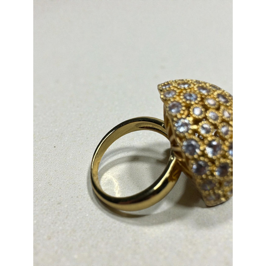 Gold Tone Dome Cocktail Ring Clear Crystal Pave Statement Ring Size 9.5