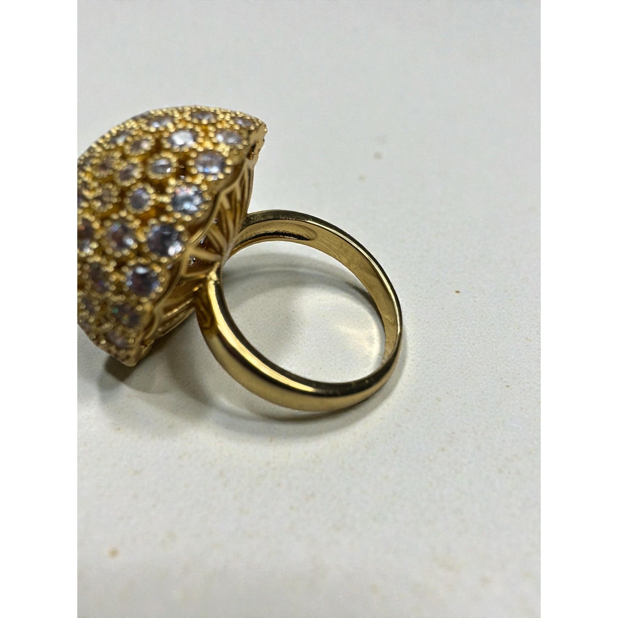 Gold Tone Dome Cocktail Ring Clear Crystal Pave Statement Ring Size 9.5