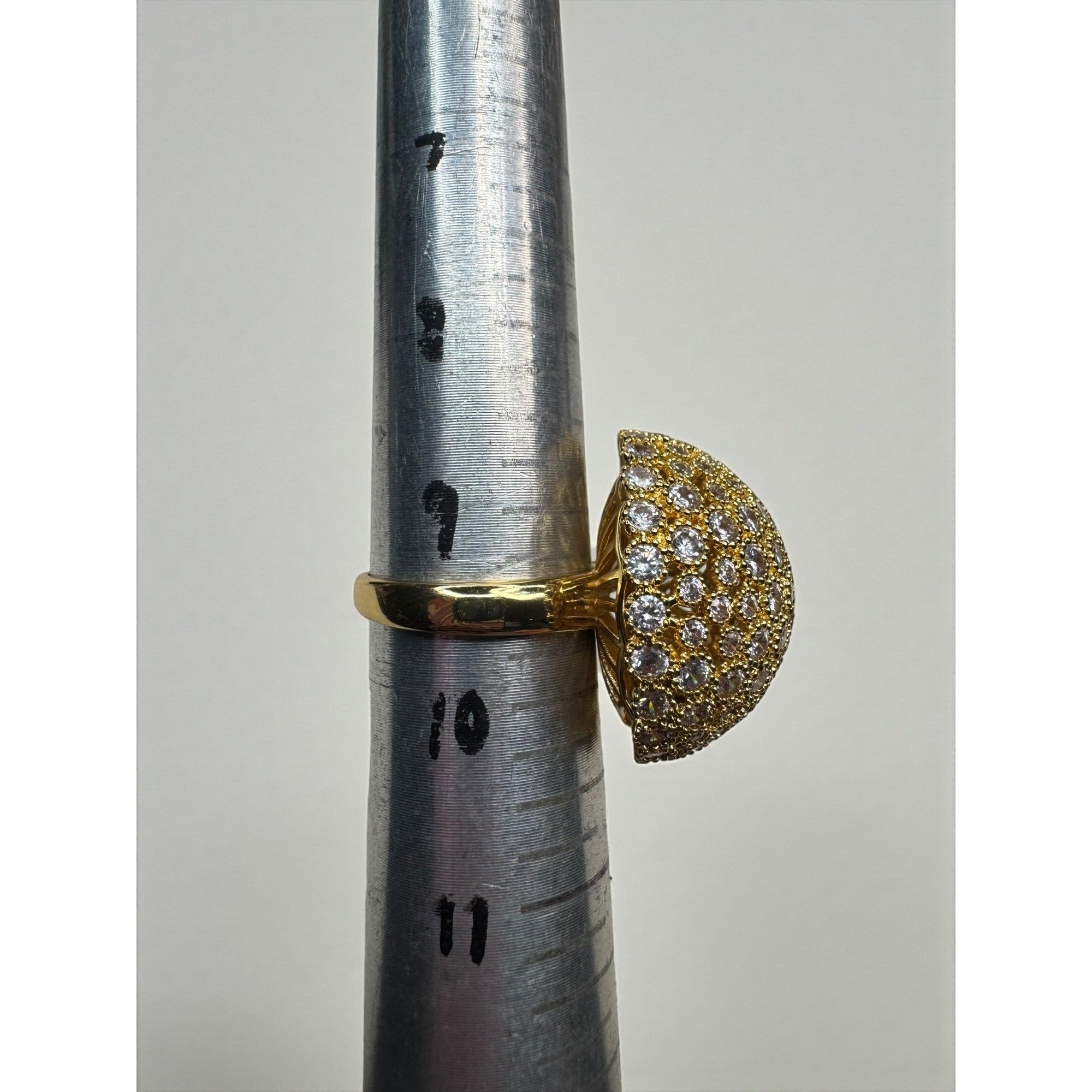 Gold Tone Dome Cocktail Ring Clear Crystal Pave Statement Ring Size 9.5
