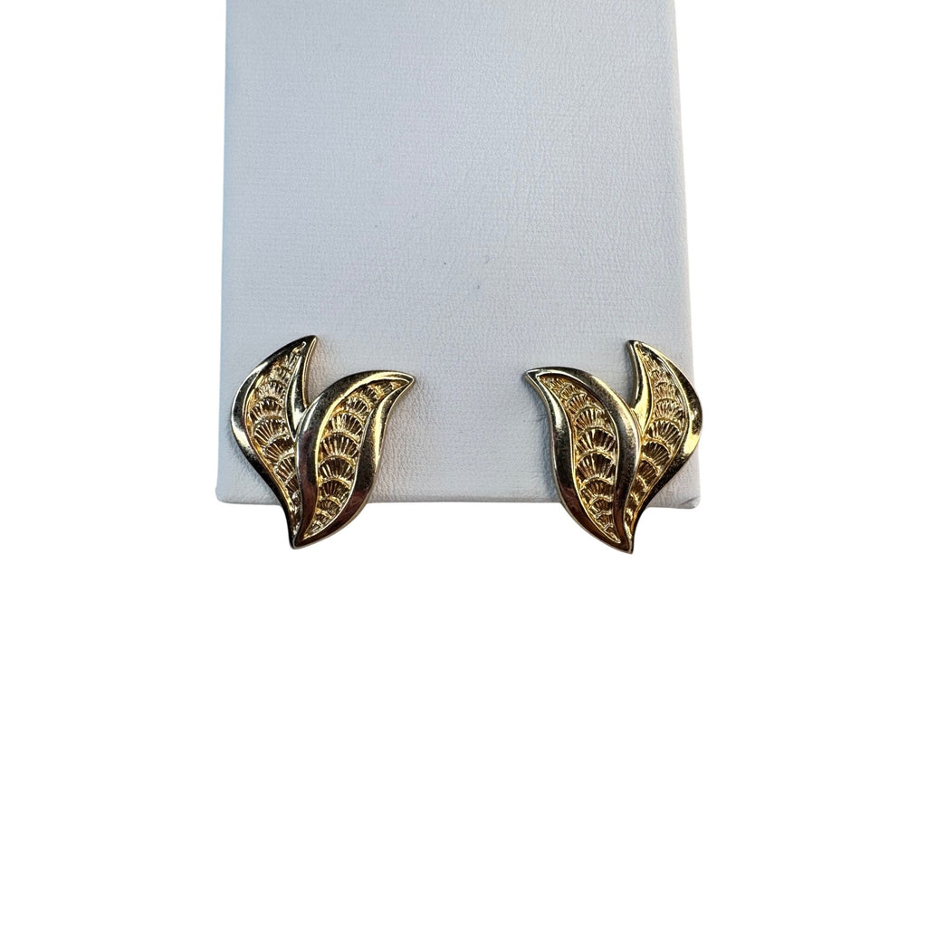 Monet Gold Tone Leaf Clip Earrings Textured Vintage Mid Century