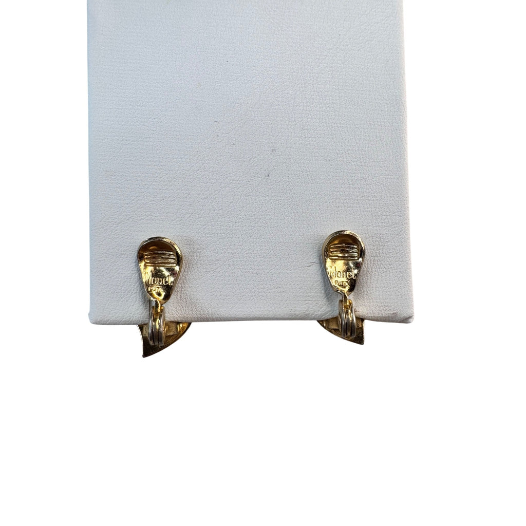 Monet Gold Tone Leaf Clip Earrings Textured Vintage Mid Century