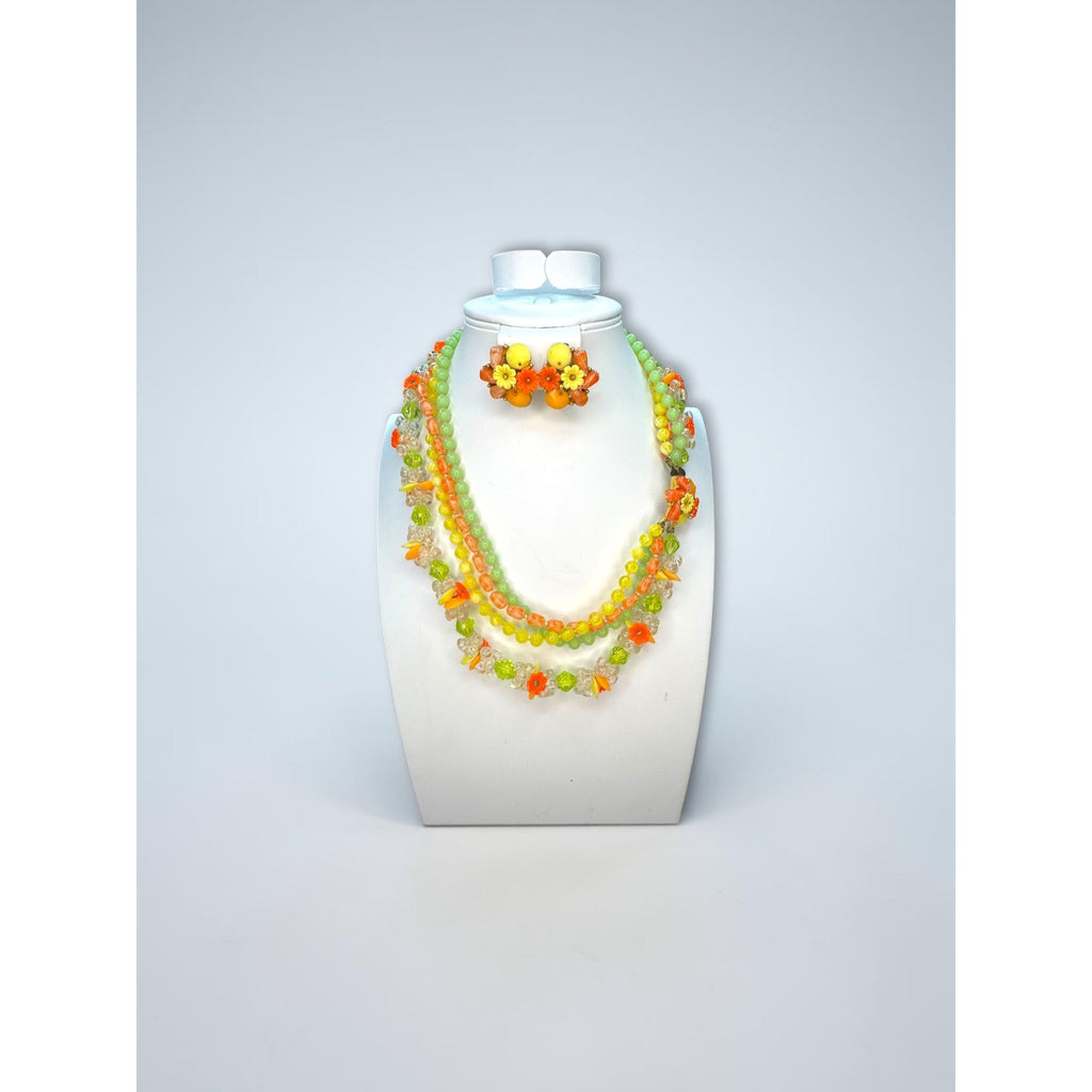 Selro Selini Fluorescent Lucite Bead Necklace Earrings Set 1960s Vintage Glow