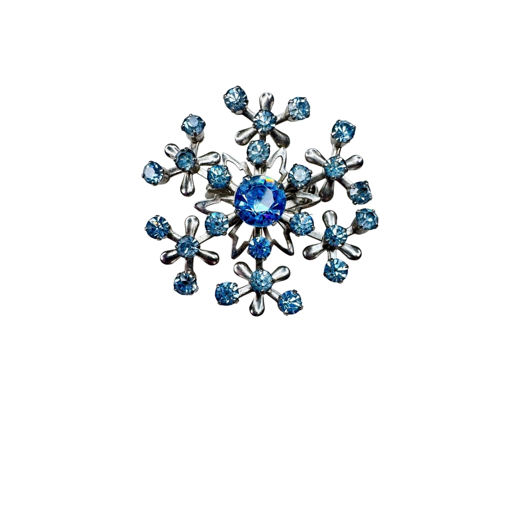 Unsigned Blue Crystal Snowflake Brooch Silver Tone 1950s Vintage