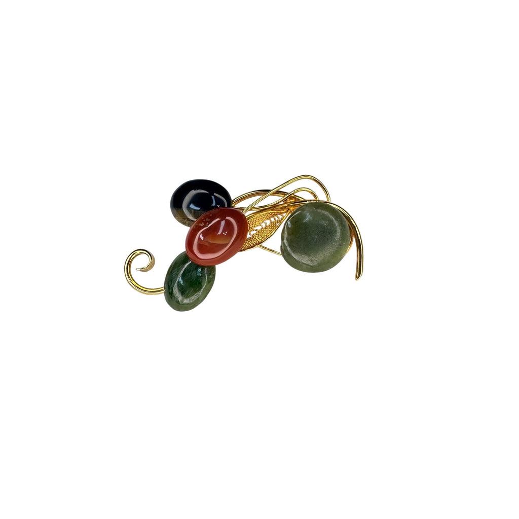 Gemstone Spray Brooch Jade Carnelian Tiger's Eye Gold Tone Vintage