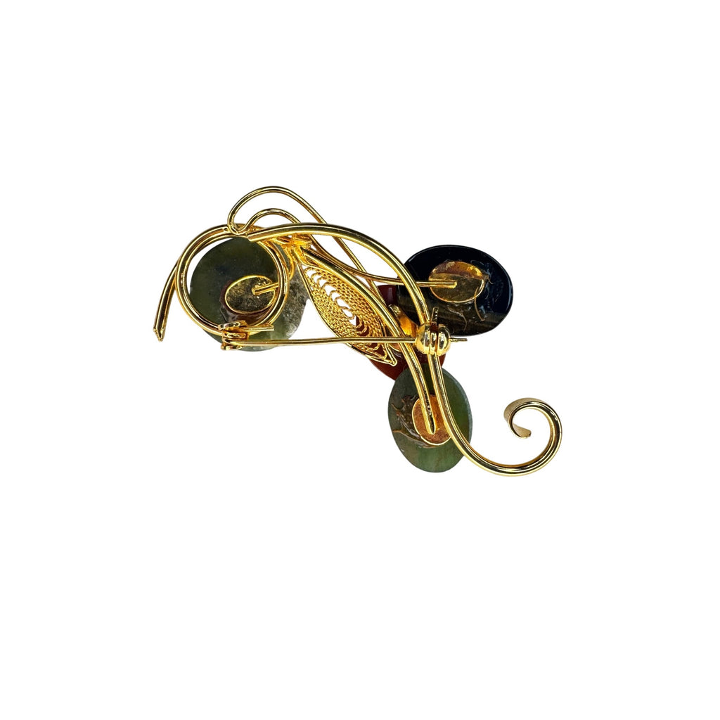 Gemstone Spray Brooch Jade Carnelian Tiger's Eye Gold Tone Vintage