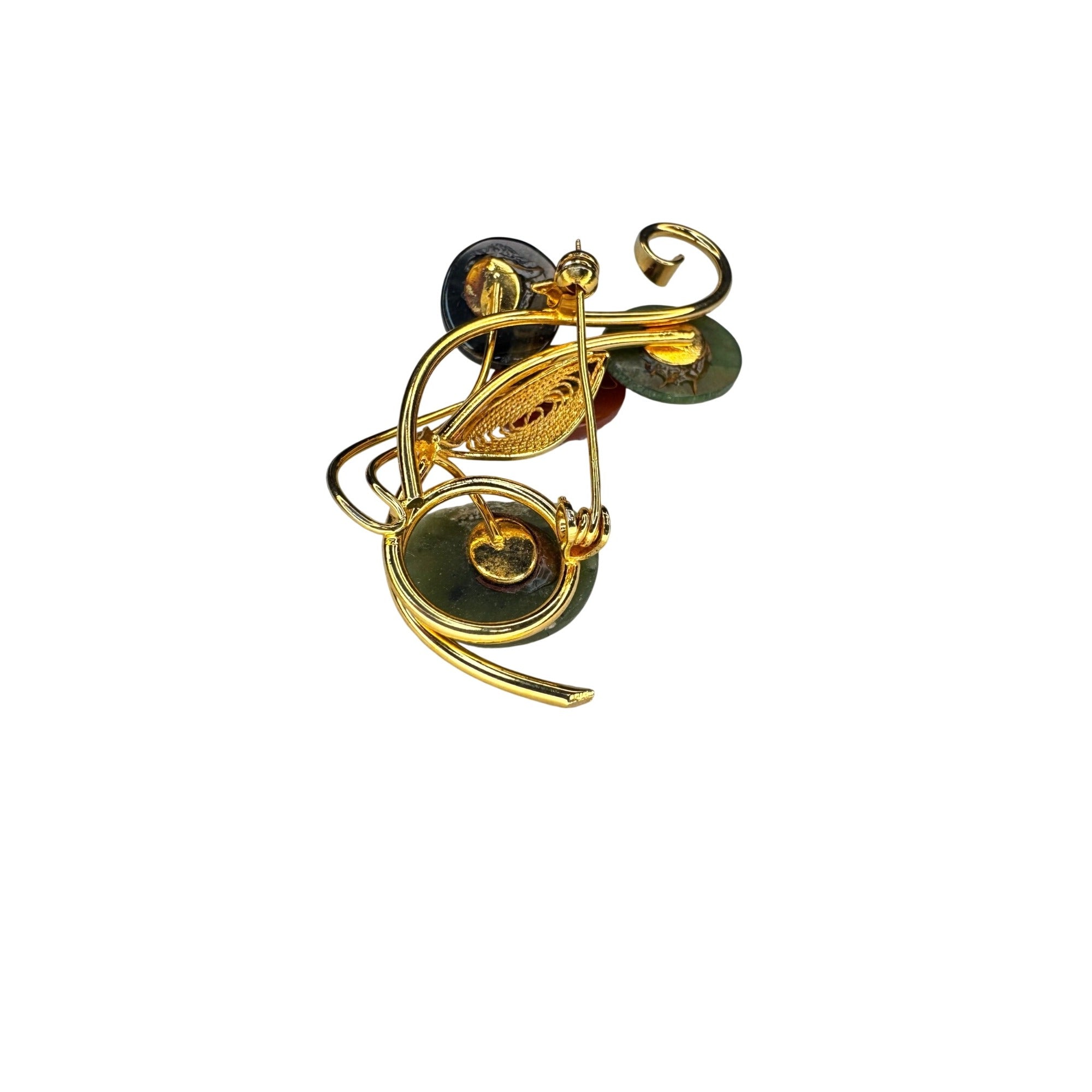 Gemstone Spray Brooch Jade Carnelian Tiger's Eye Gold Tone Vintage