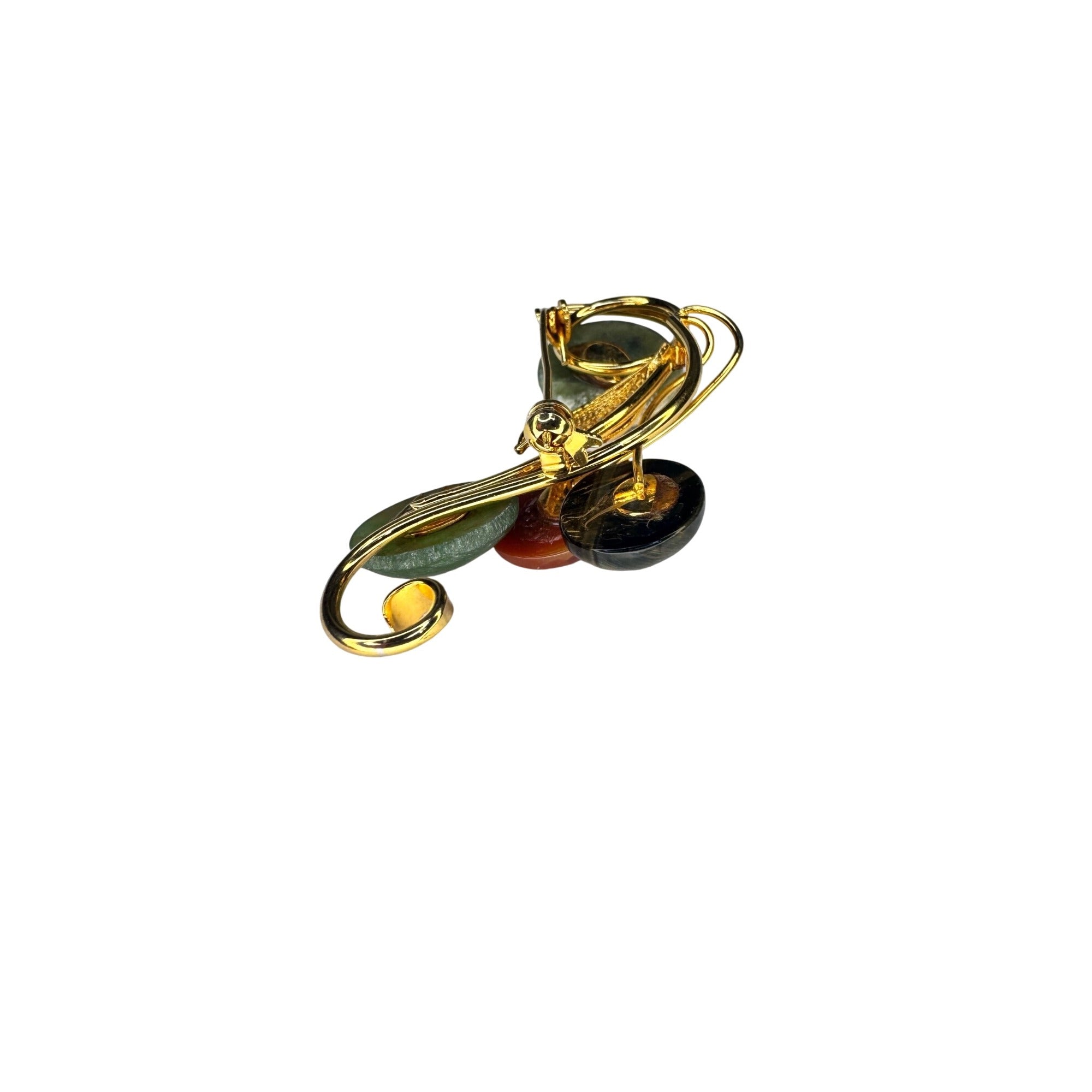 Gemstone Spray Brooch Jade Carnelian Tiger's Eye Gold Tone Vintage