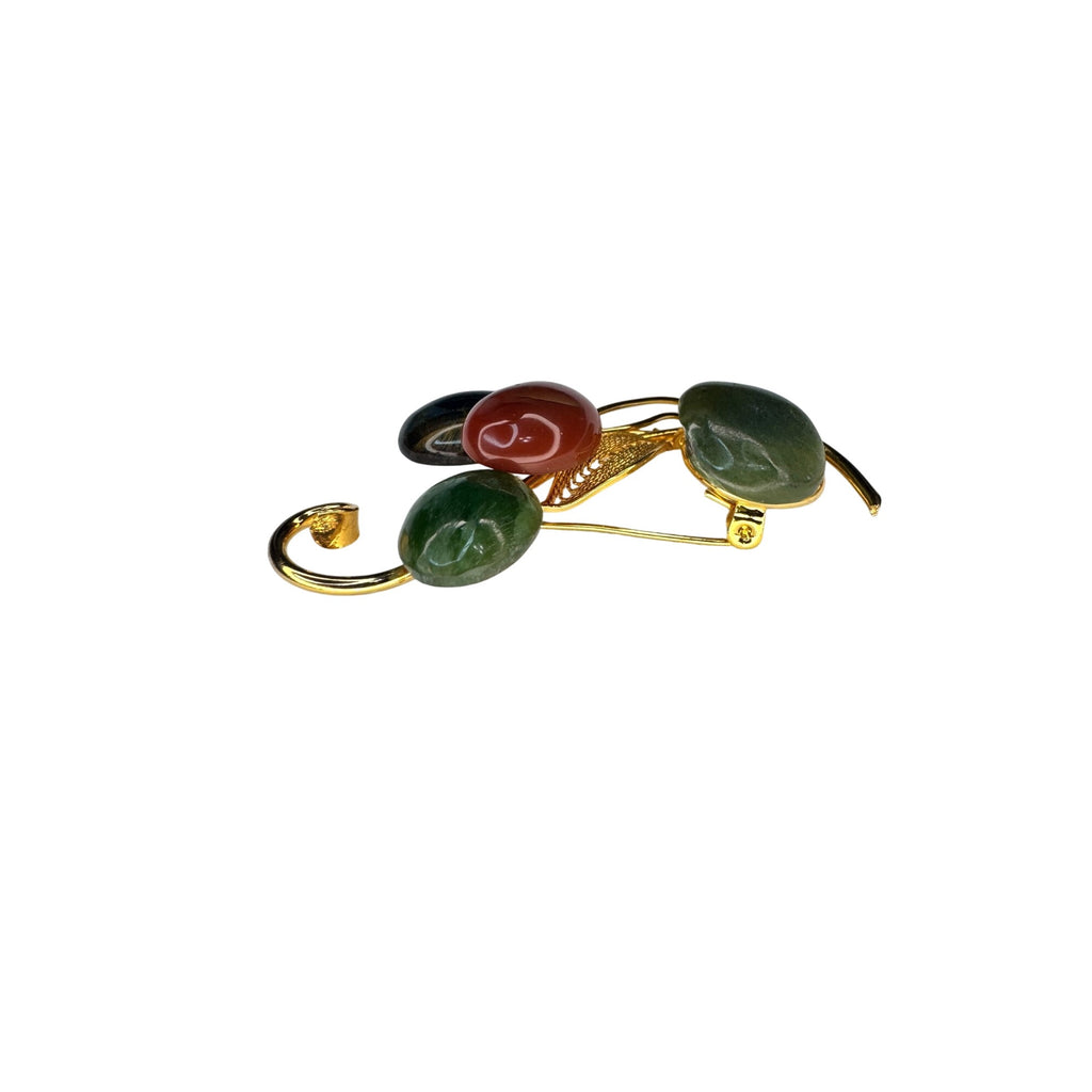 Gemstone Spray Brooch Jade Carnelian Tiger's Eye Gold Tone Vintage