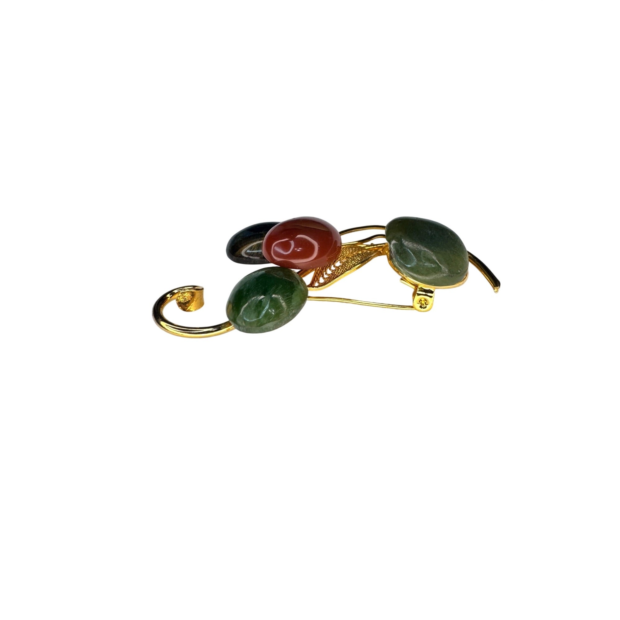 Gemstone Spray Brooch Jade Carnelian Tiger's Eye Gold Tone Vintage