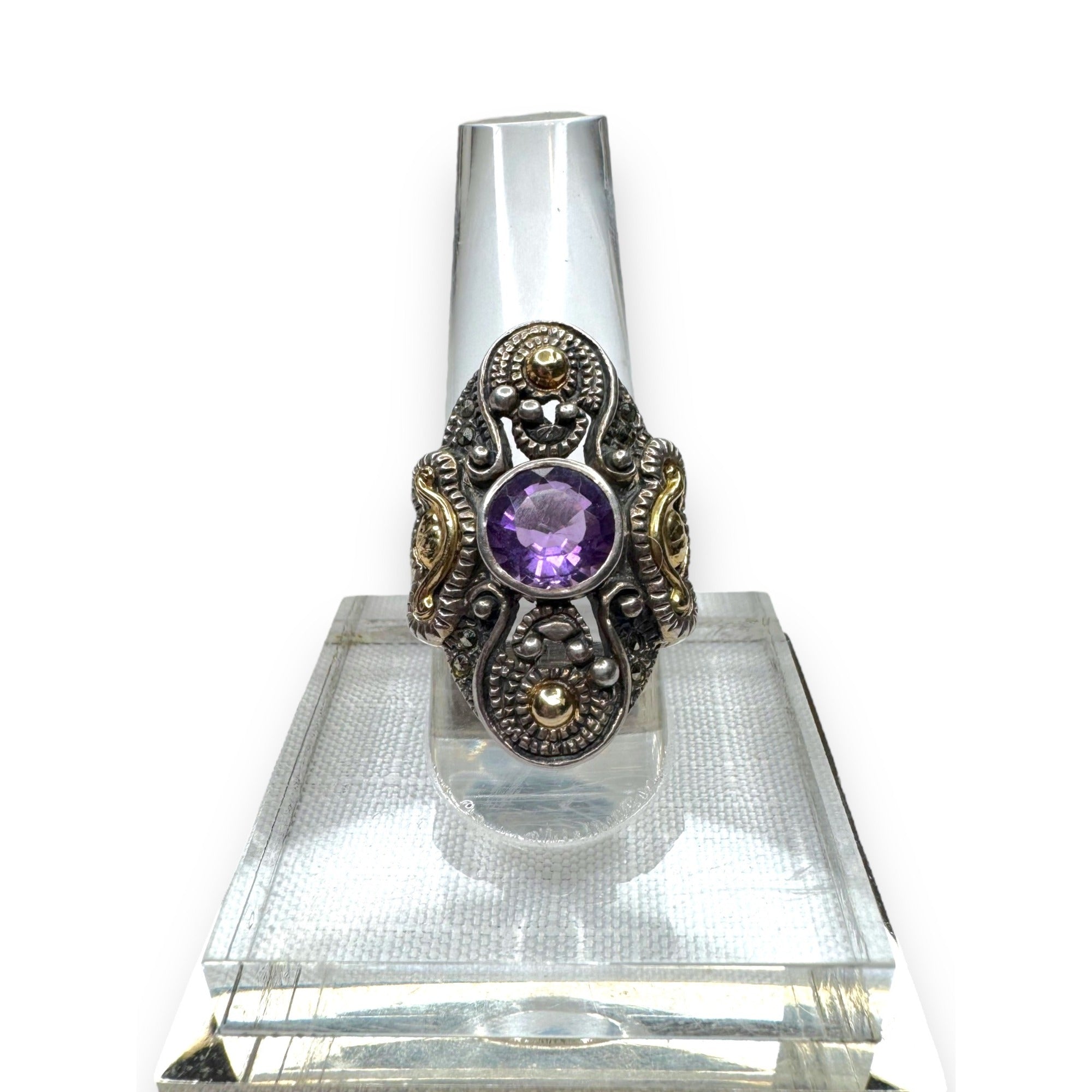 Vintage Sterling Silver 14K Gold Overlay Amethyst Marcasite Ring Size 6