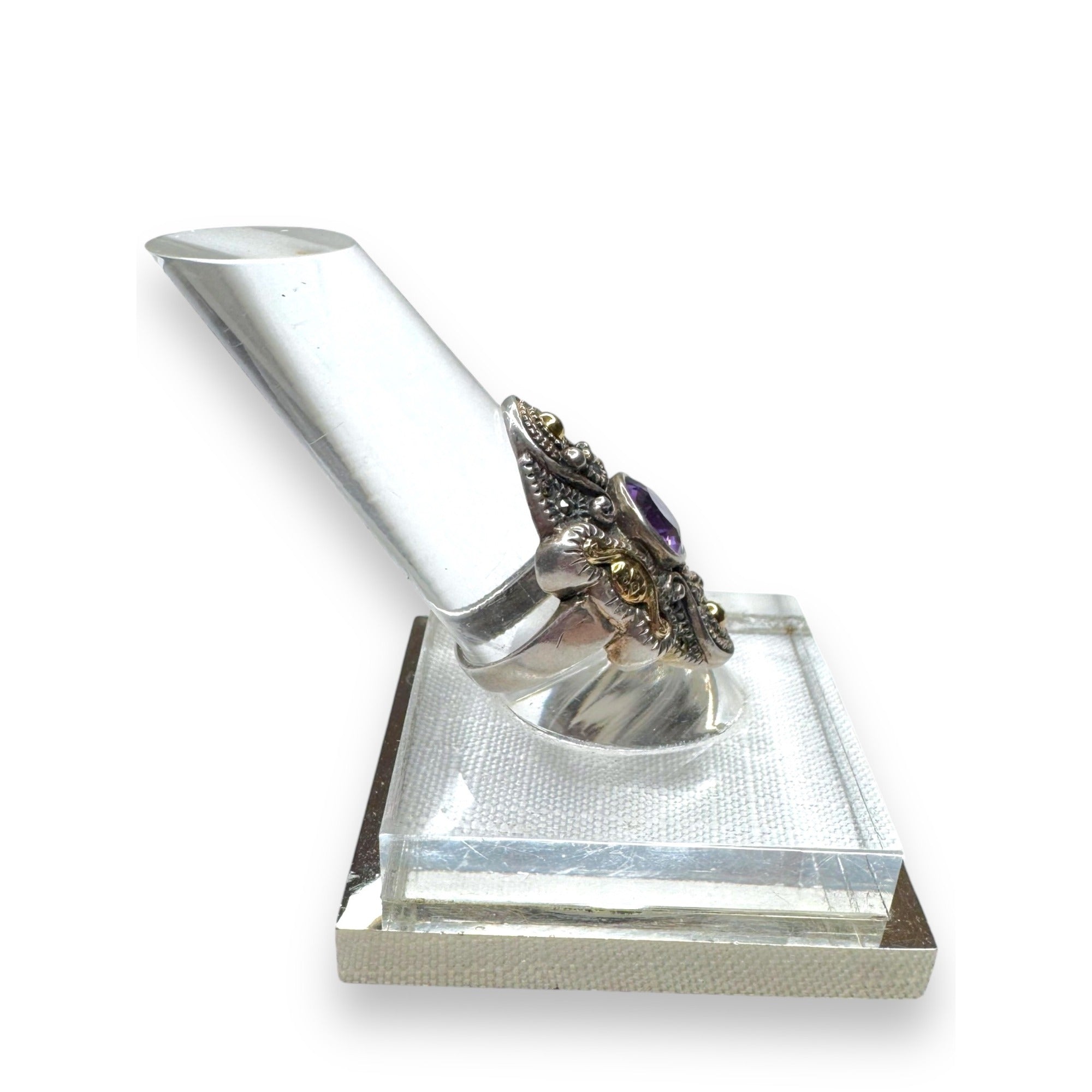 Vintage Sterling Silver 14K Gold Overlay Amethyst Marcasite Ring Size 6
