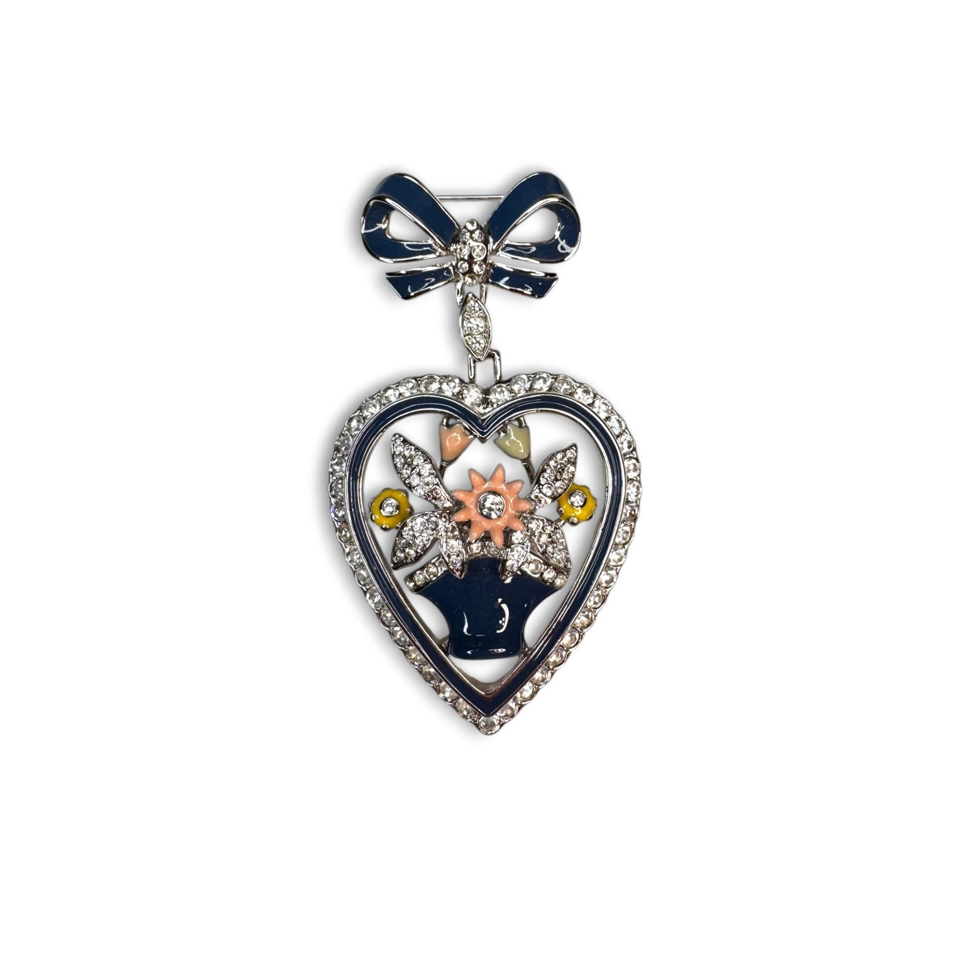 HSM Enamel Rhinestone Heart Bow Brooch 1992 Dangle Floral