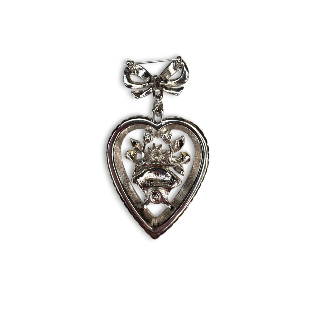 HSM Enamel Rhinestone Heart Bow Brooch 1992 Dangle Floral