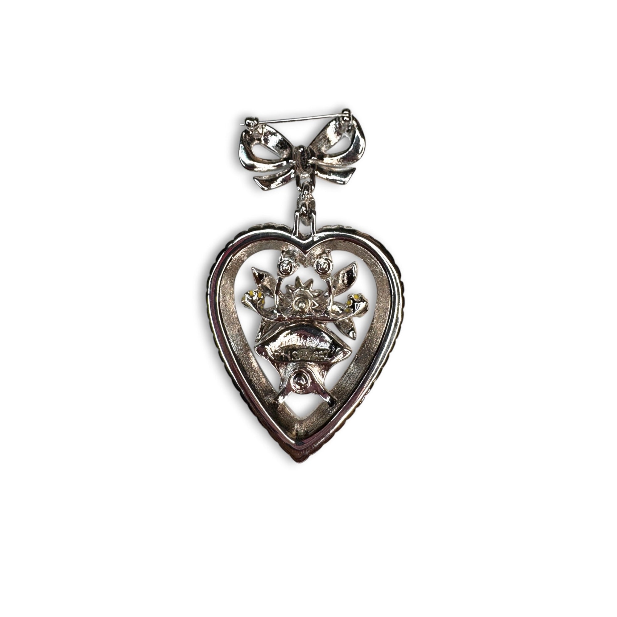 HSM Enamel Rhinestone Heart Bow Brooch 1992 Dangle Floral