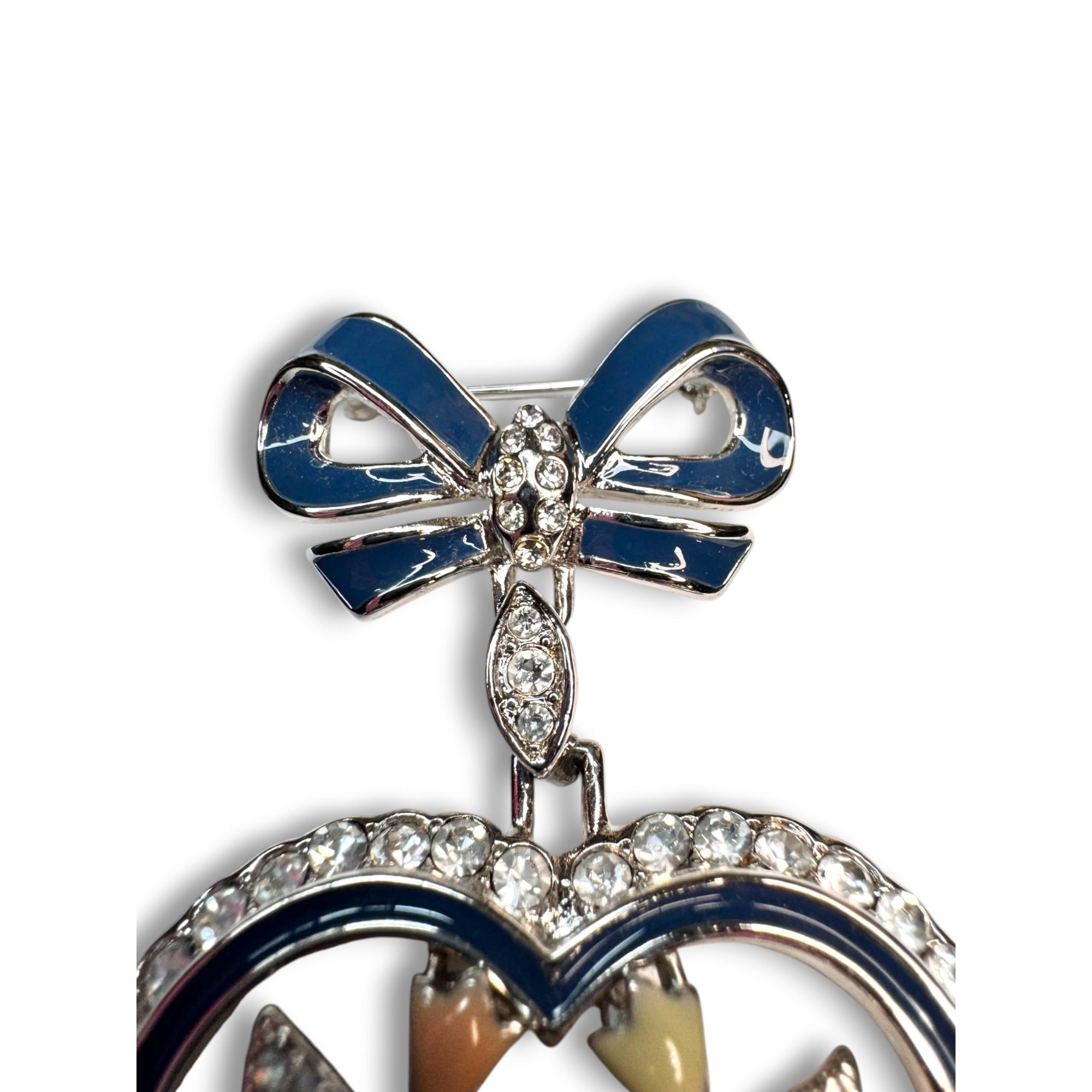 HSM Enamel Rhinestone Heart Bow Brooch 1992 Dangle Floral