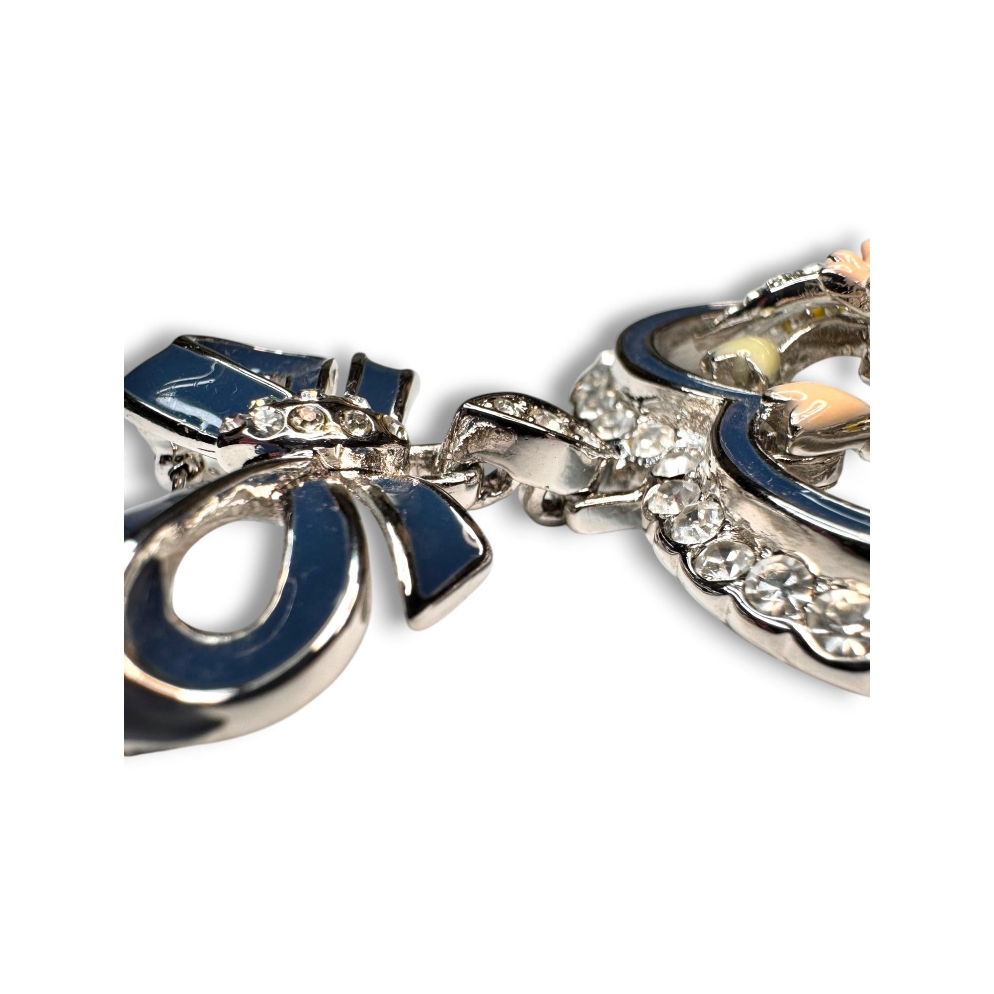 HSM Enamel Rhinestone Heart Bow Brooch 1992 Dangle Floral