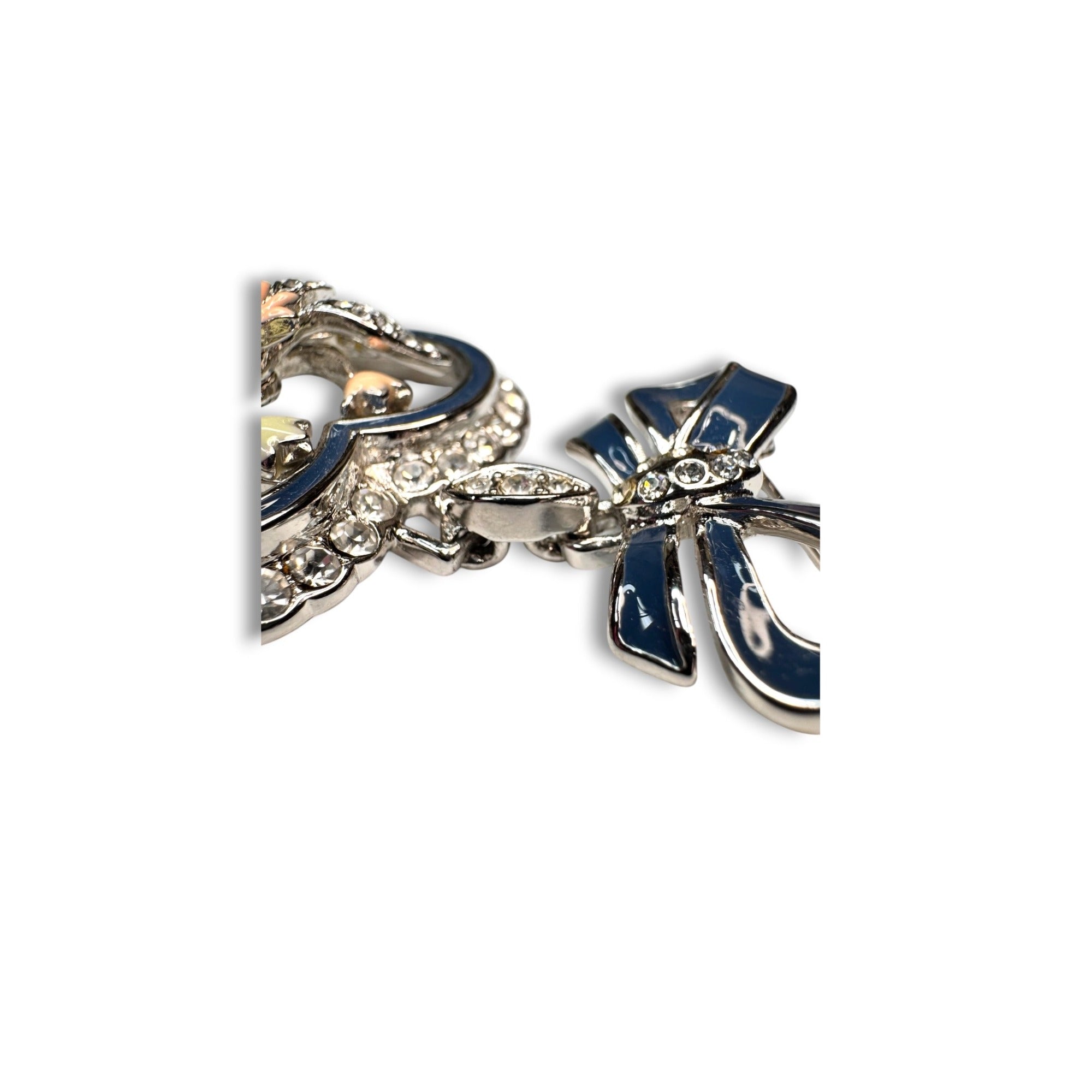 HSM Enamel Rhinestone Heart Bow Brooch 1992 Dangle Floral