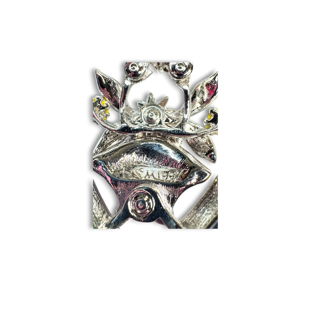 HSM Enamel Rhinestone Heart Bow Brooch 1992 Dangle Floral