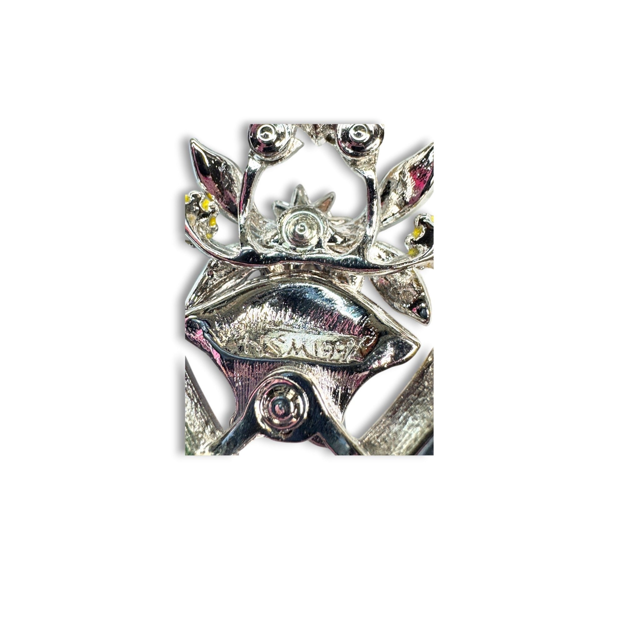 HSM Enamel Rhinestone Heart Bow Brooch 1992 Dangle Floral