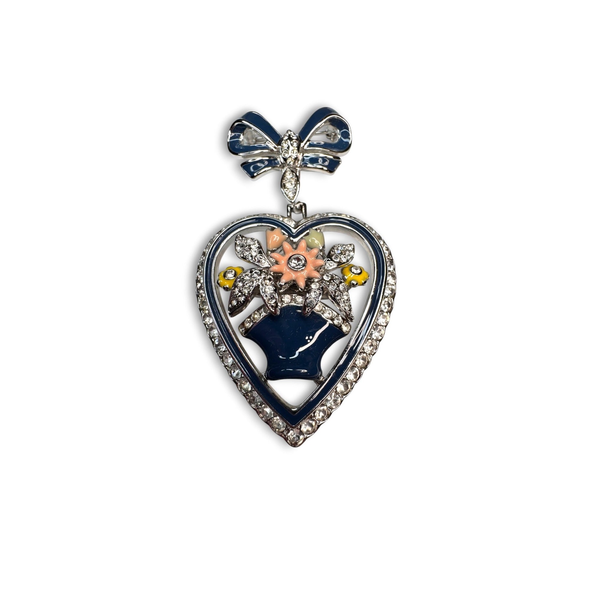 HSM Enamel Rhinestone Heart Bow Brooch 1992 Dangle Floral