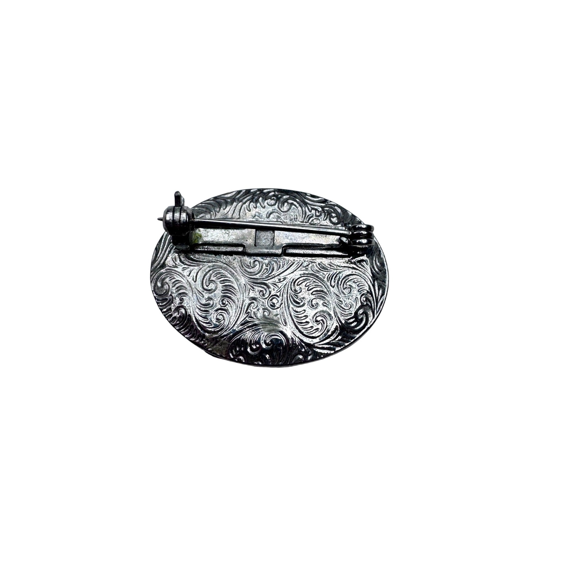 Vintage 1928 Pink Acrylic Marcasite Oval Brooch 1.25”