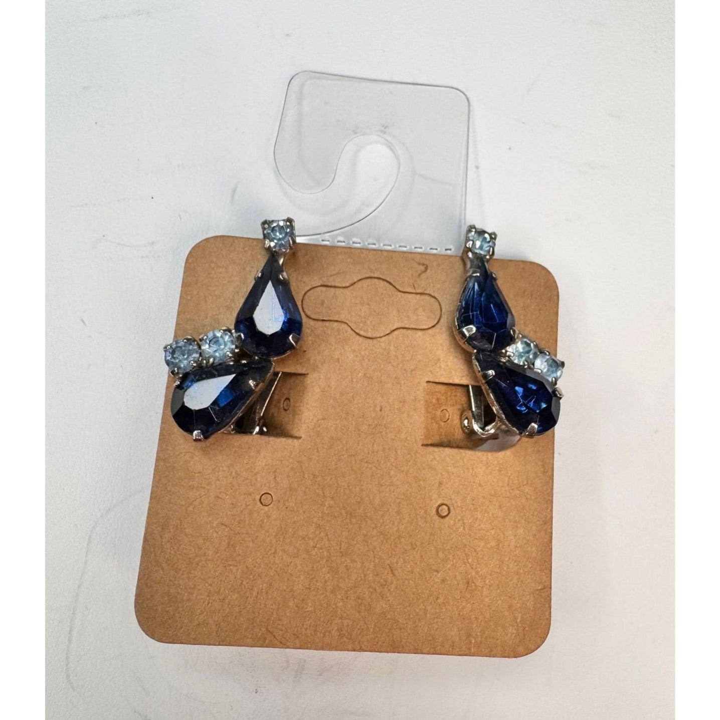 blue crystal glass silver tone clip on earrings vintage