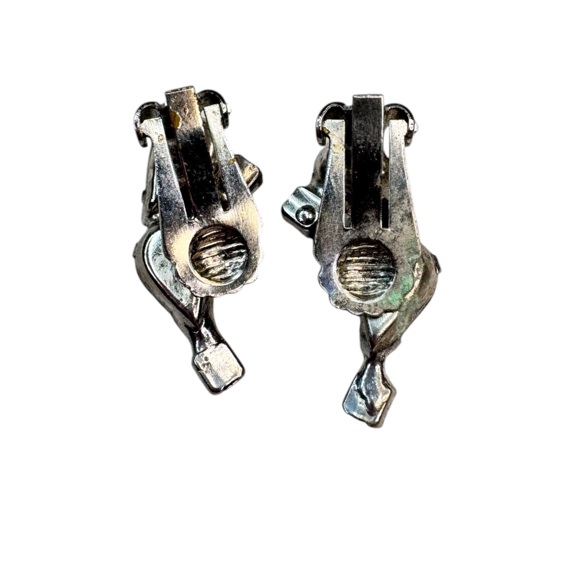 blue crystal glass silver tone clip on earrings vintage