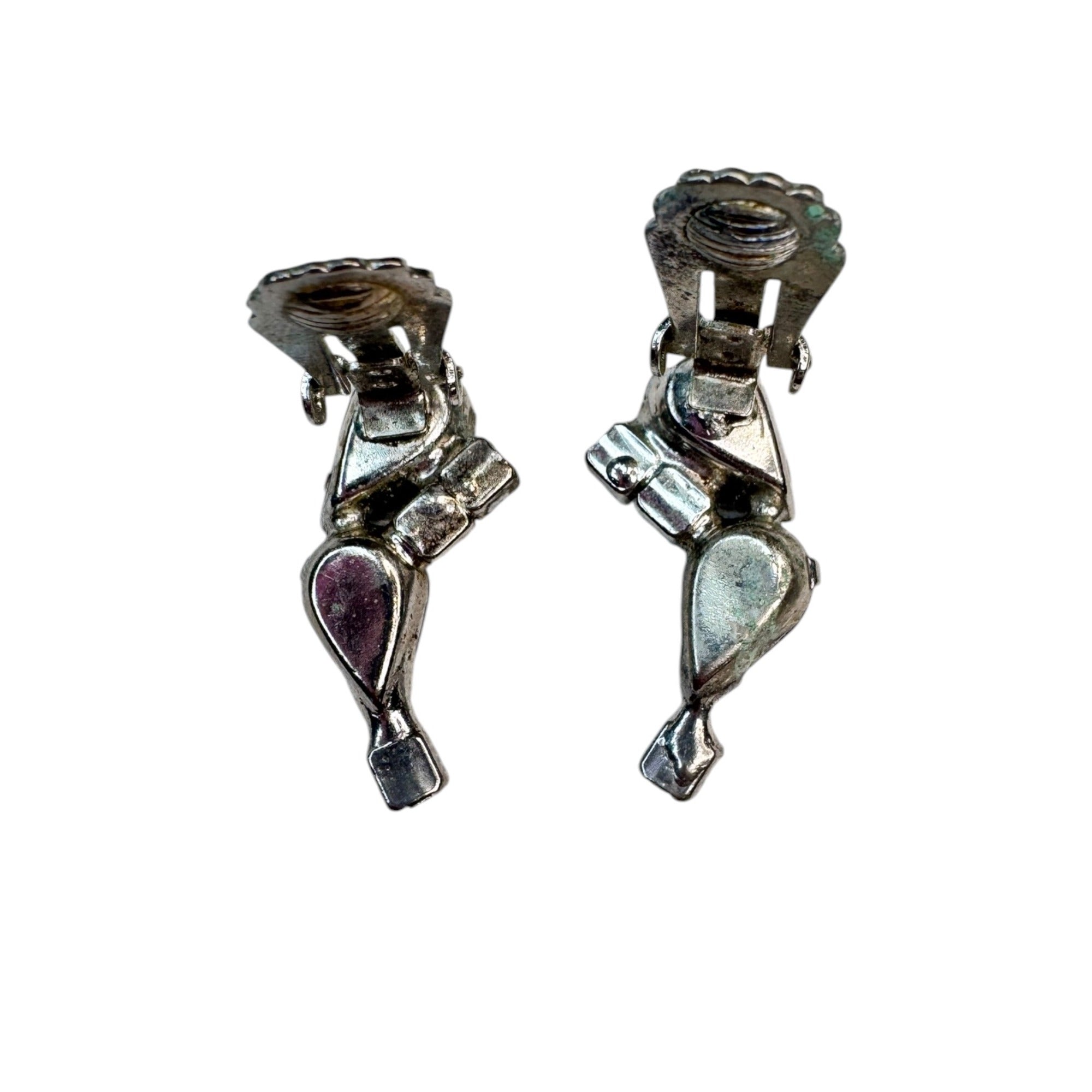 blue crystal glass silver tone clip on earrings vintage