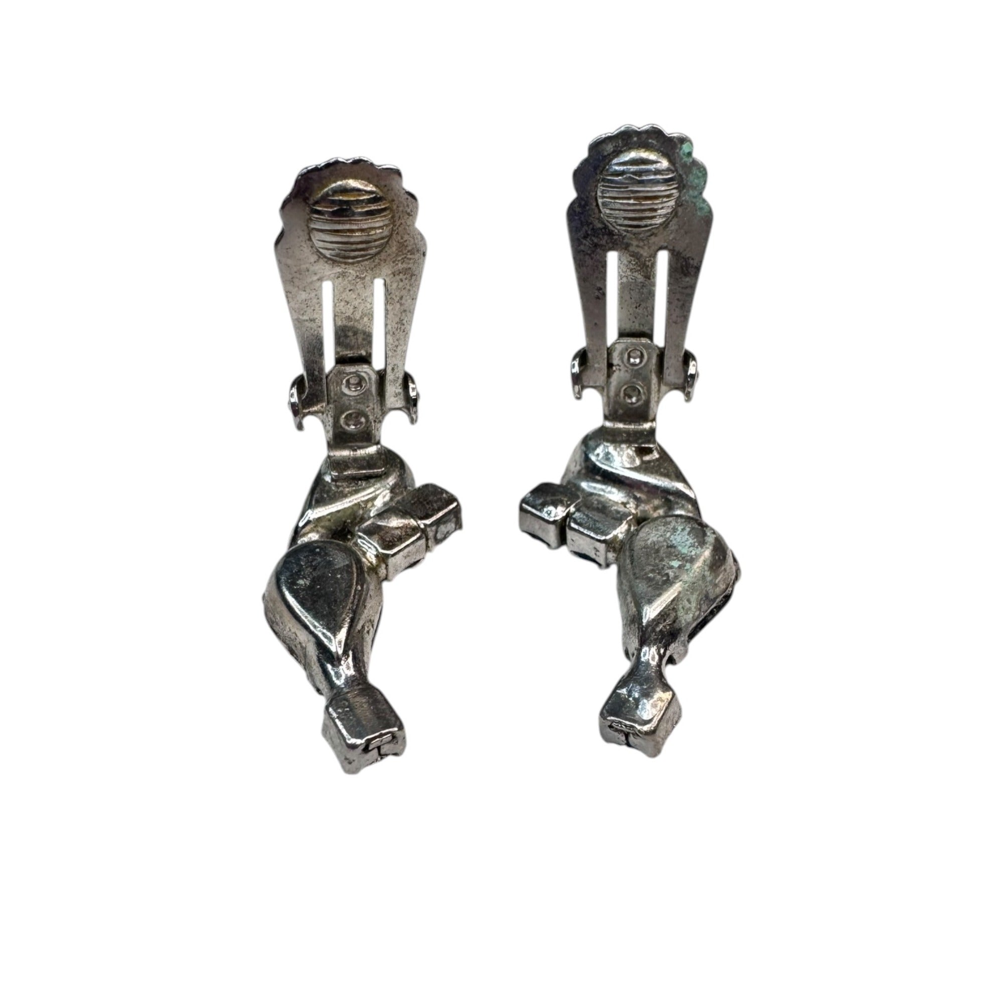 blue crystal glass silver tone clip on earrings vintage