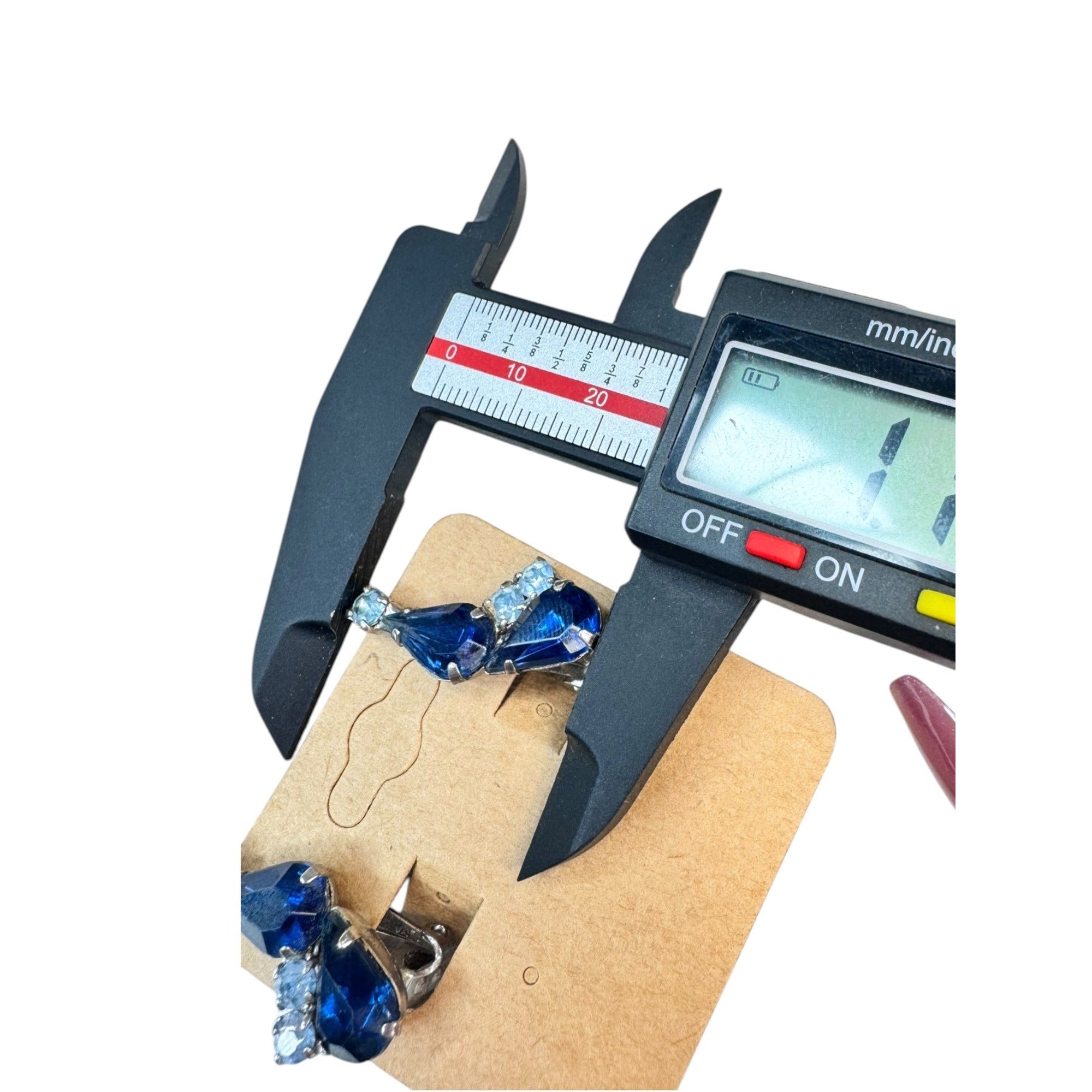 blue crystal glass silver tone clip on earrings vintage