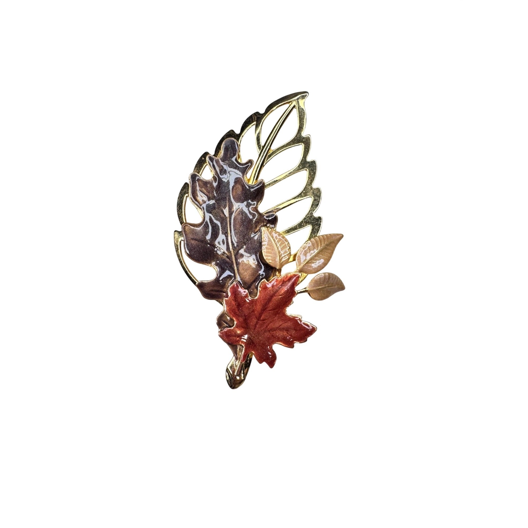 Unsigned Autumn Leaf Enamel Brooch Gold Tone Maple Oak 1960s Vintage