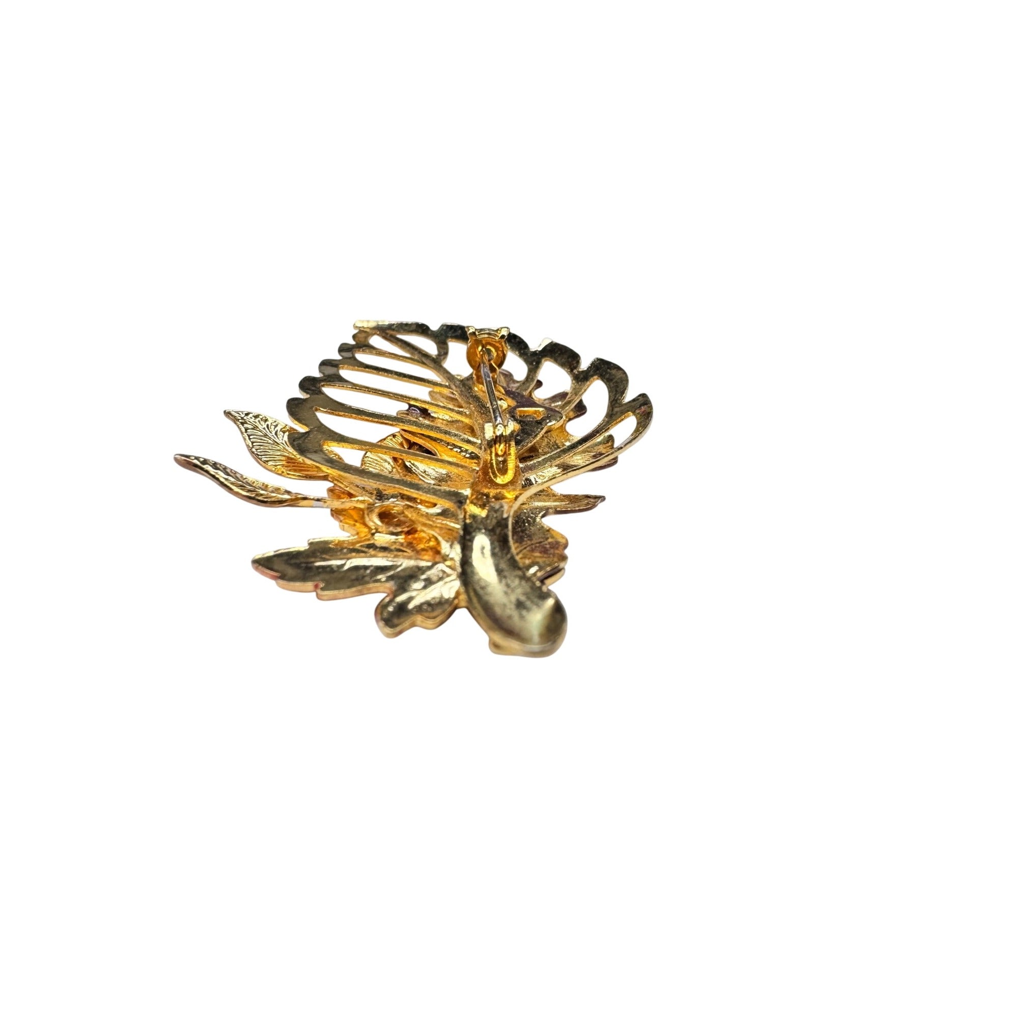 Unsigned Autumn Leaf Enamel Brooch Gold Tone Maple Oak 1960s Vintage