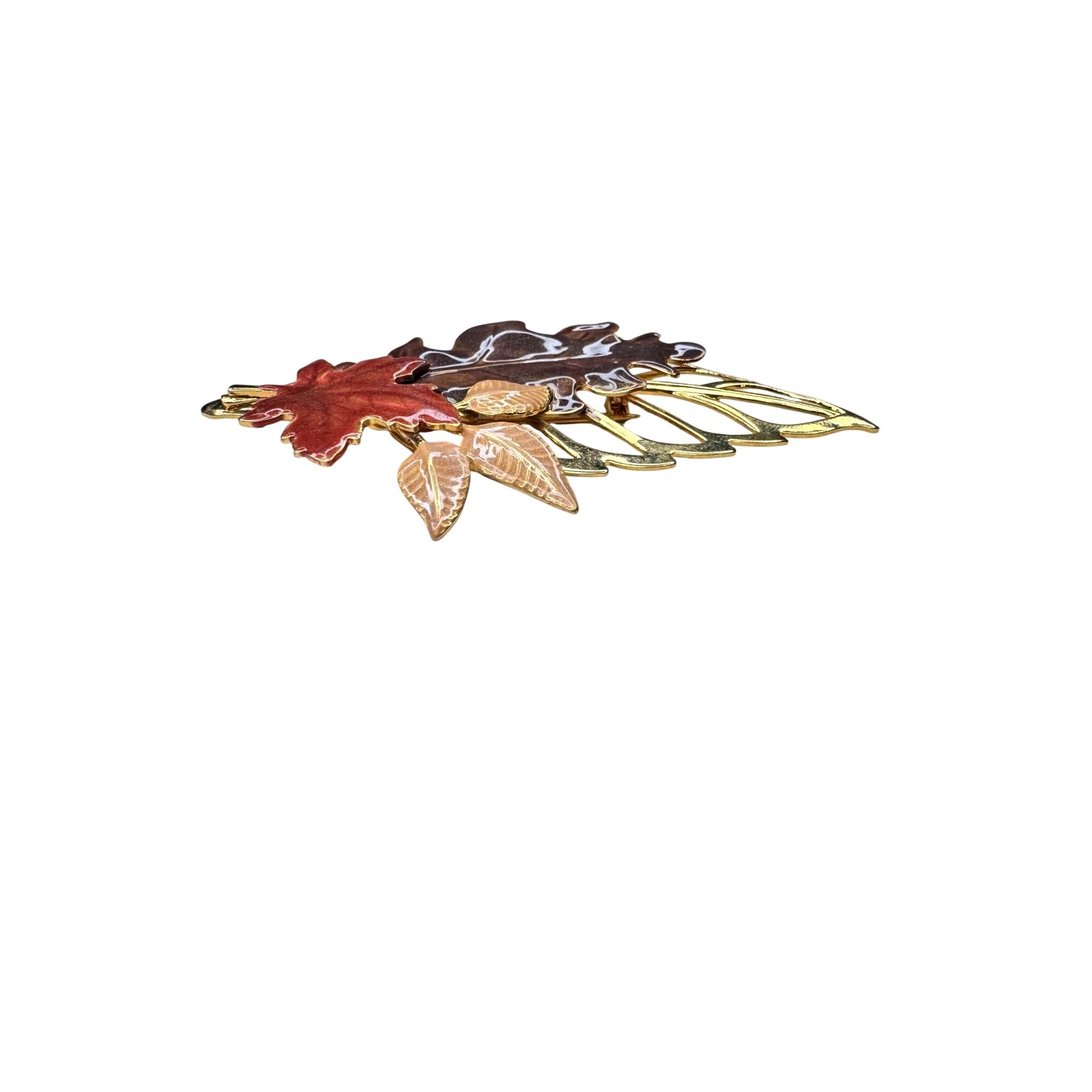 Unsigned Autumn Leaf Enamel Brooch Gold Tone Maple Oak 1960s Vintage