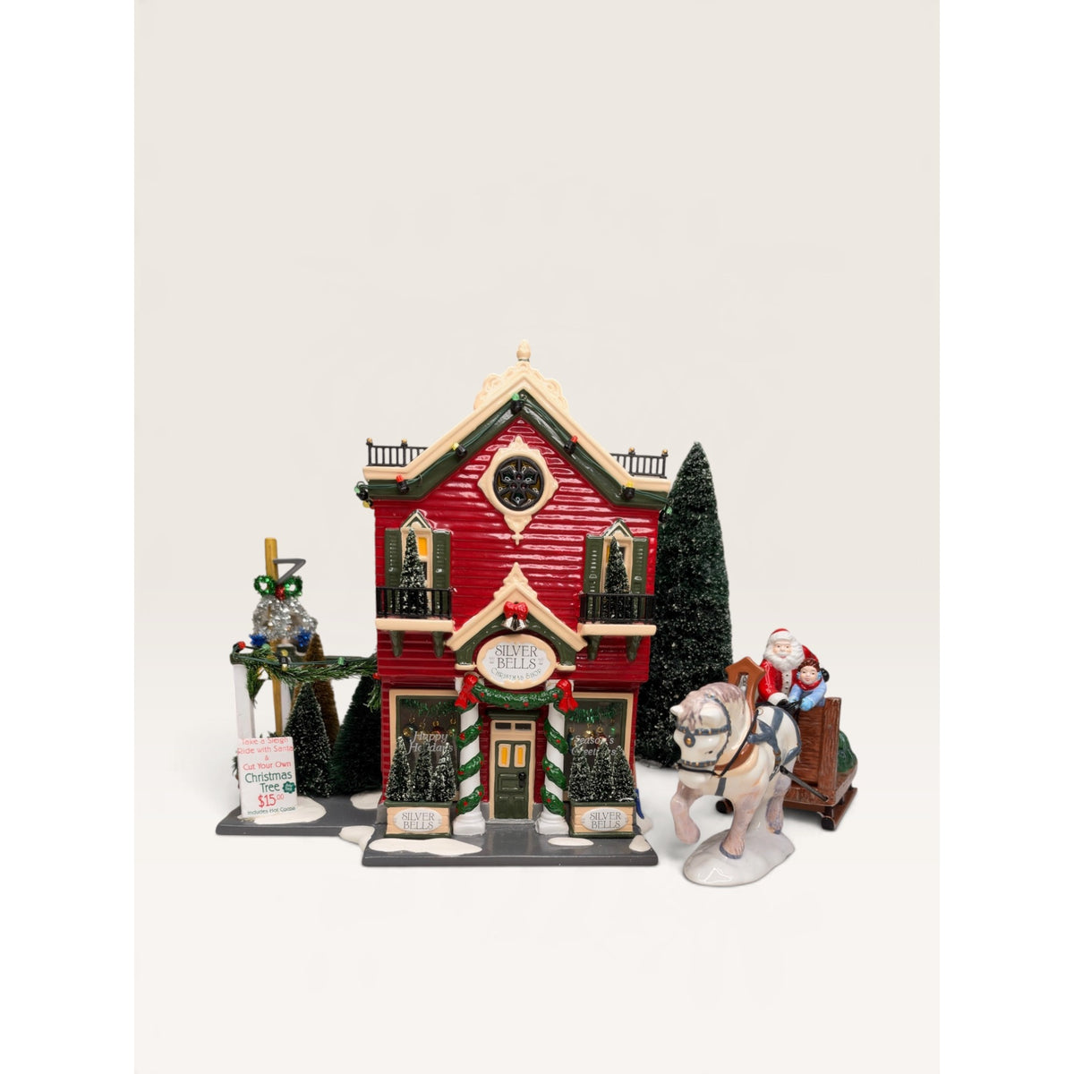 Dept 56 Snow Village Silver Bells Christmas Shop Set Sleigh Tree