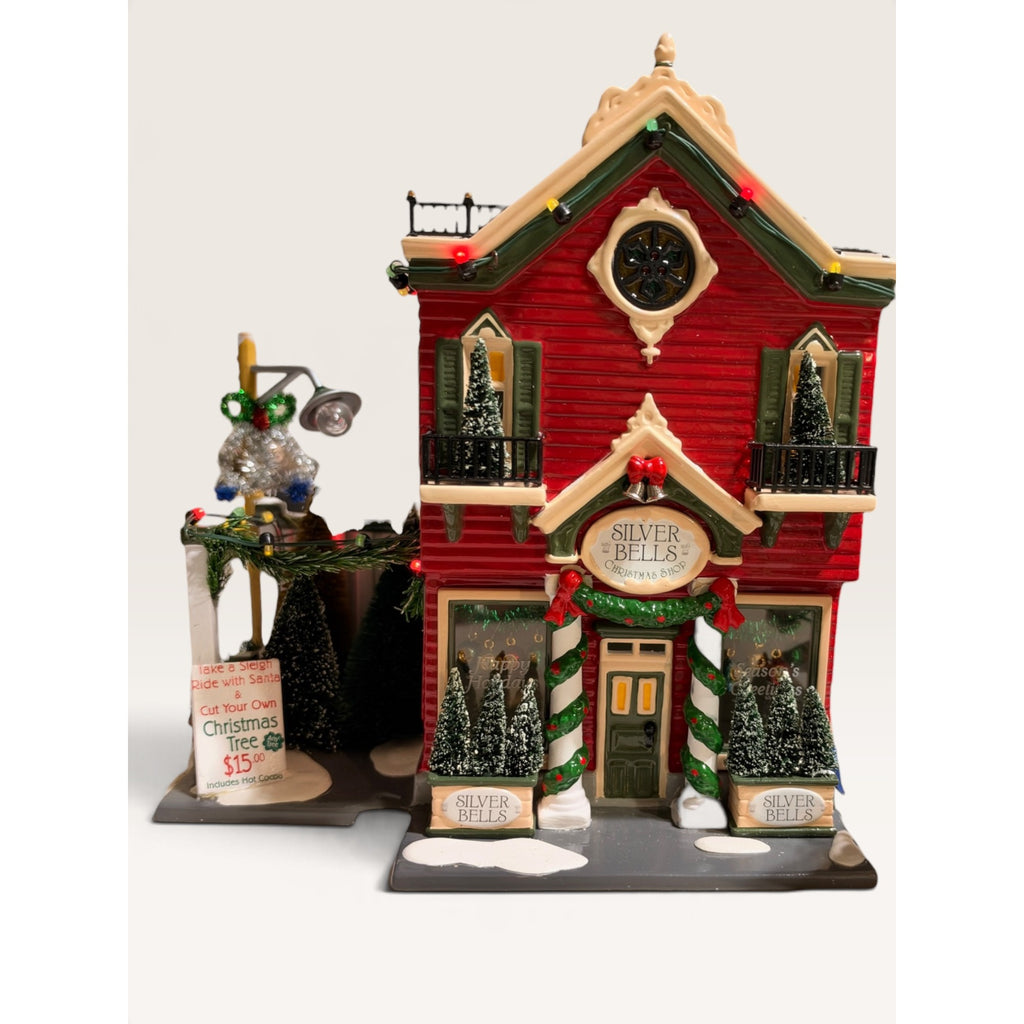 Dept 56 Snow Village Silver Bells Christmas Shop Set Sleigh Tree