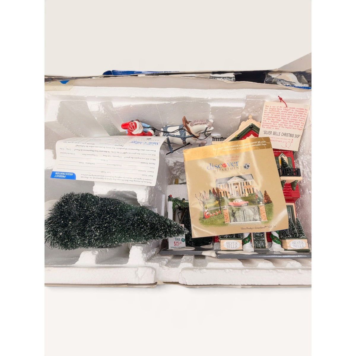 Dept 56 Snow Village Silver Bells Christmas Shop Set Sleigh Tree