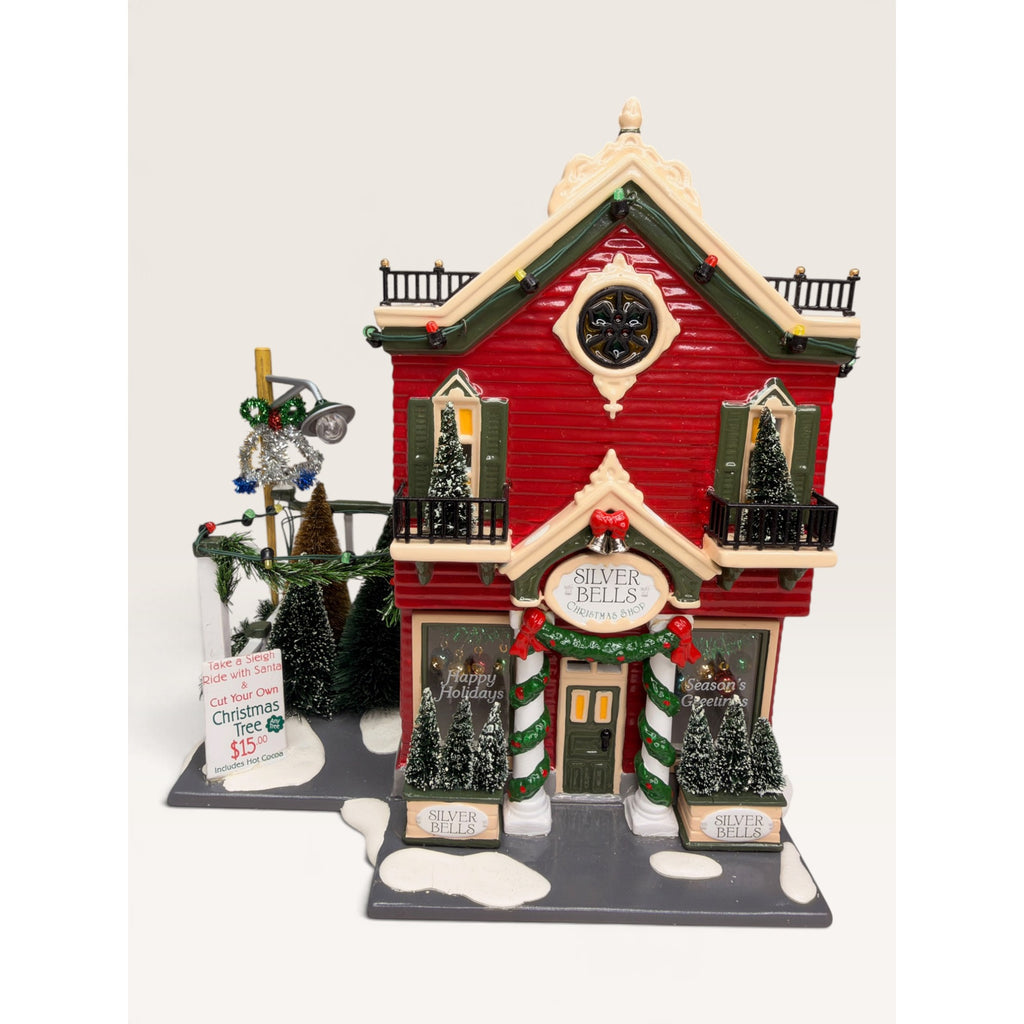 Dept 56 Snow Village Silver Bells Christmas Shop Set Sleigh Tree