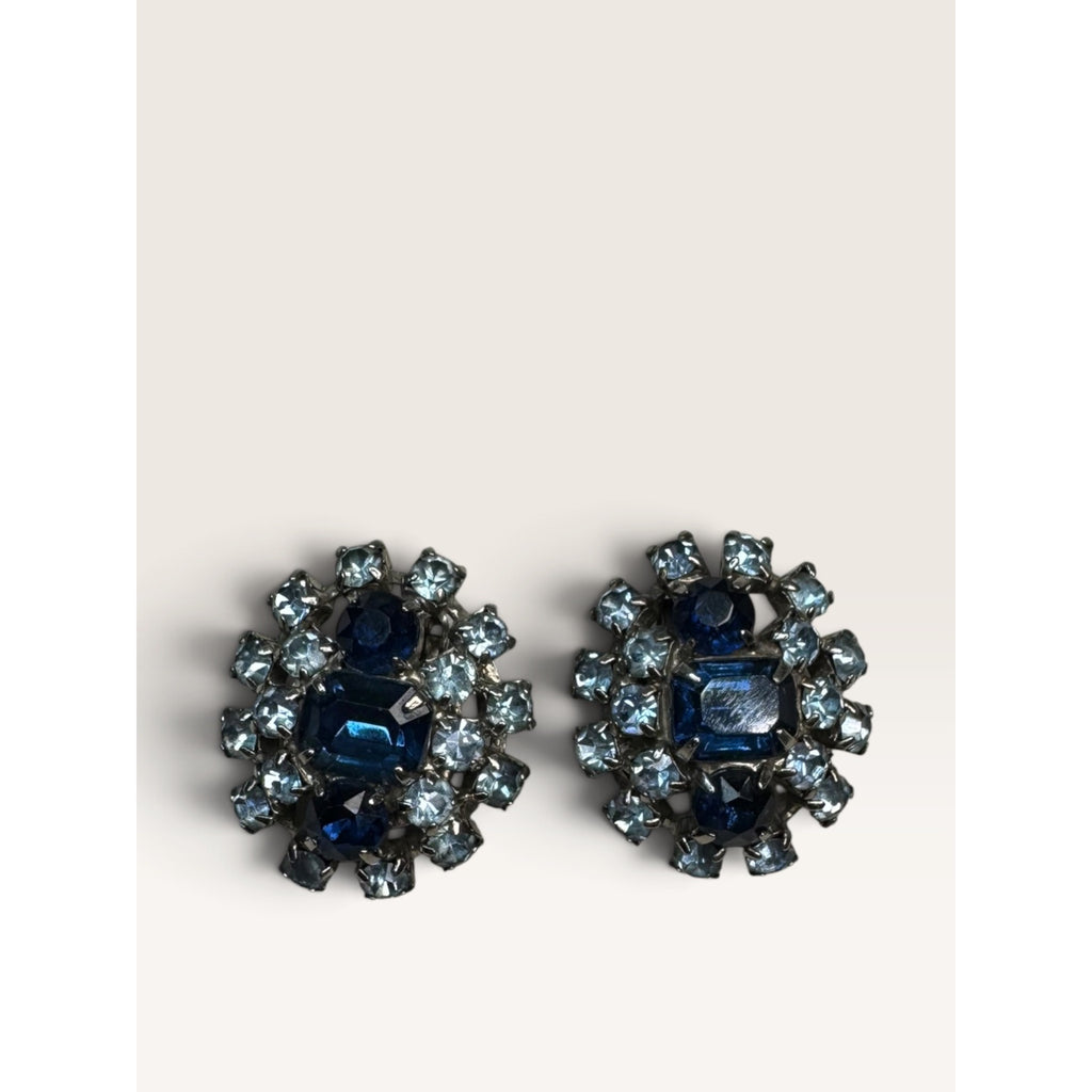 Blue Rhinestone Crystal Cluster Clip On Earrings Silver Tone 1.13" Vintage