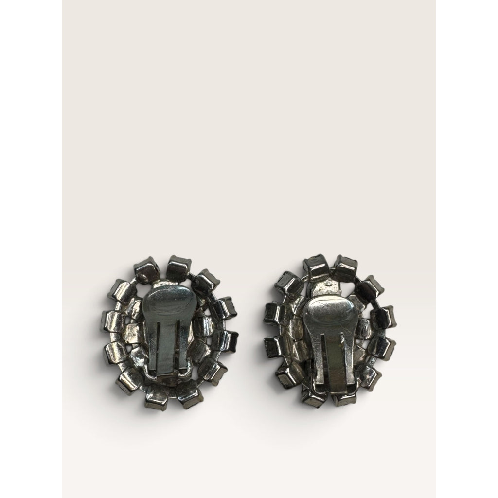 Blue Rhinestone Crystal Cluster Clip On Earrings Silver Tone 1.13" Vintage