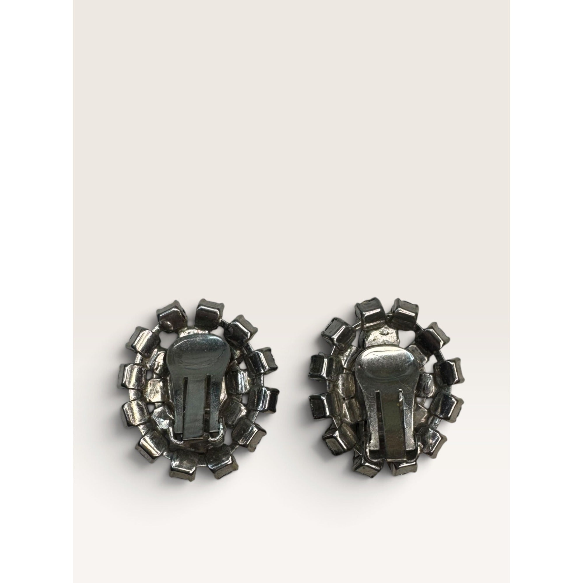 Blue Rhinestone Crystal Cluster Clip On Earrings Silver Tone 1.13" Vintage