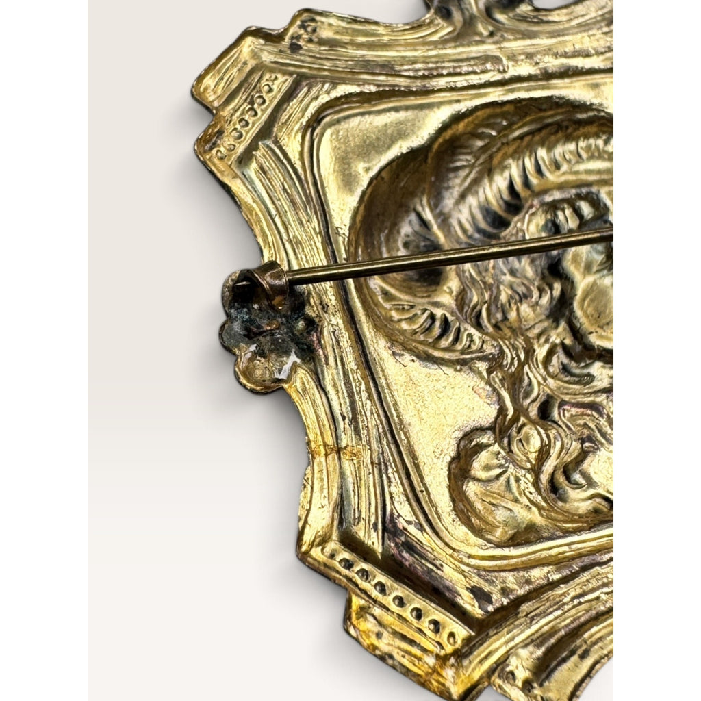 Georgian Revival Embossed Brass Lady Portrait Brooch 1930s Georgian Revival