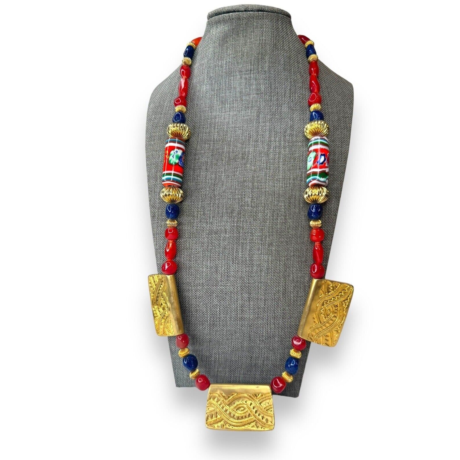 Vintage Chunky Millefiori Art Glass Goldtone Statement Necklace 27” Spring ring