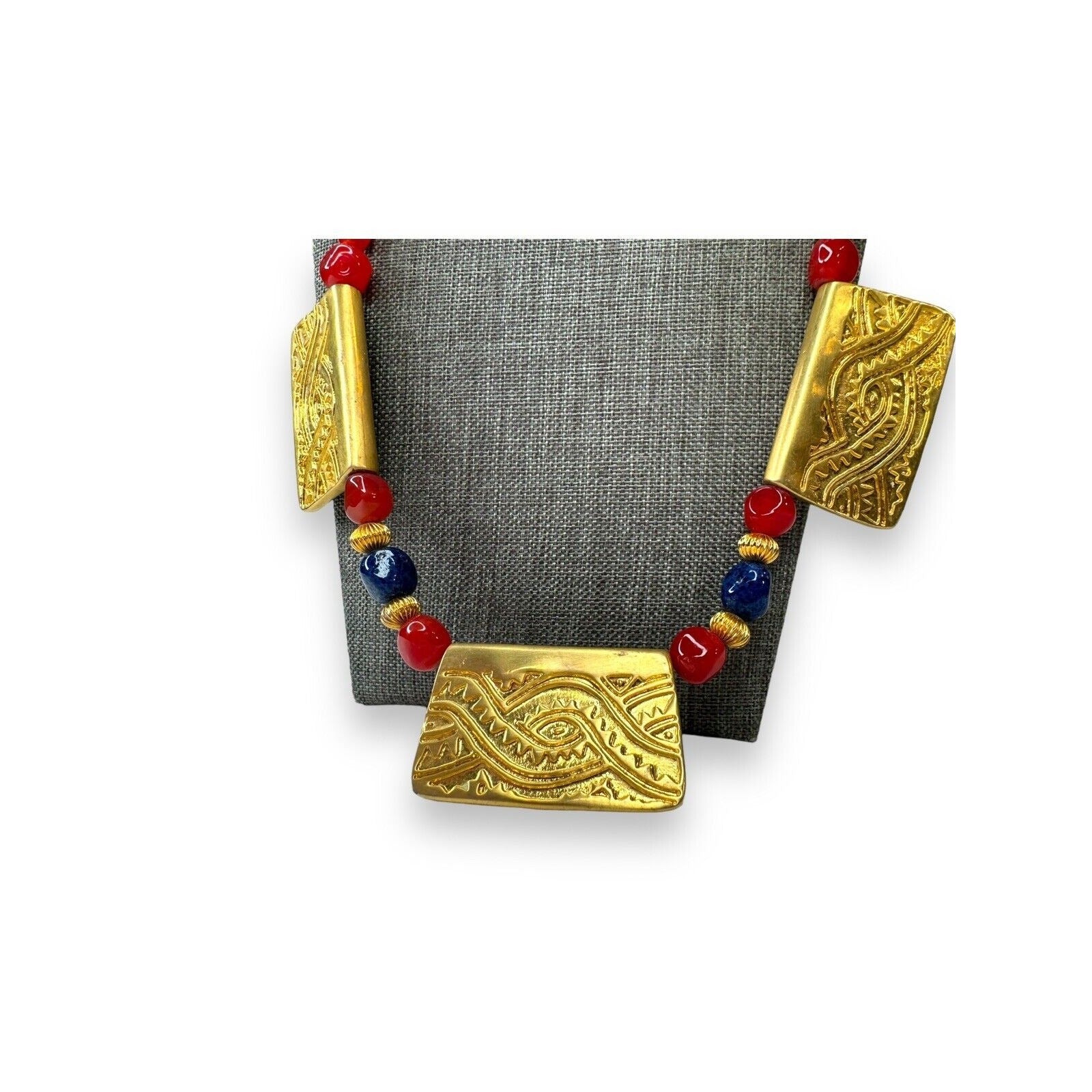 Vintage Chunky Millefiori Art Glass Goldtone Statement Necklace 27” Spring ring